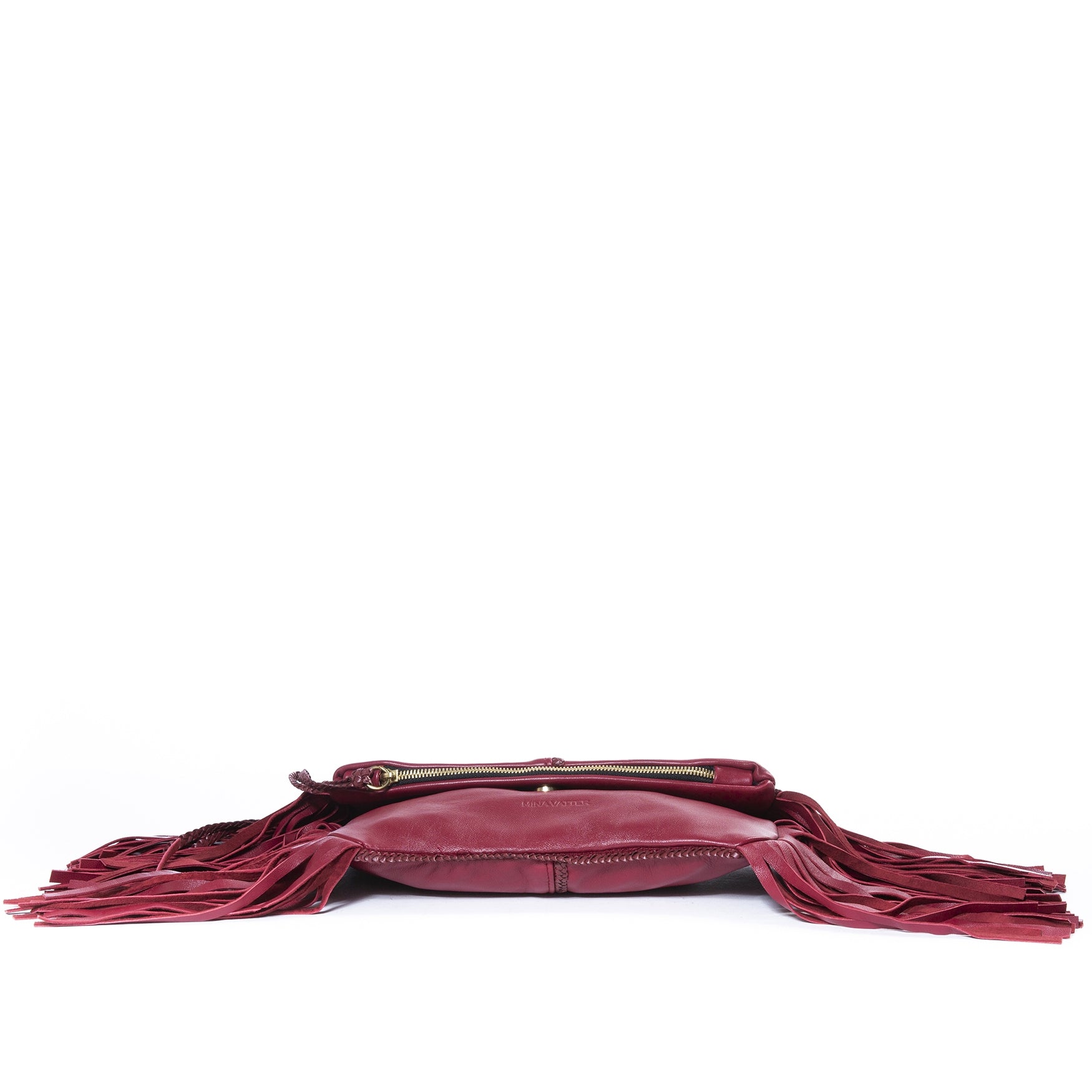 koop Mina Vatter Red Leather Fringe Clutch en betaal veilig online