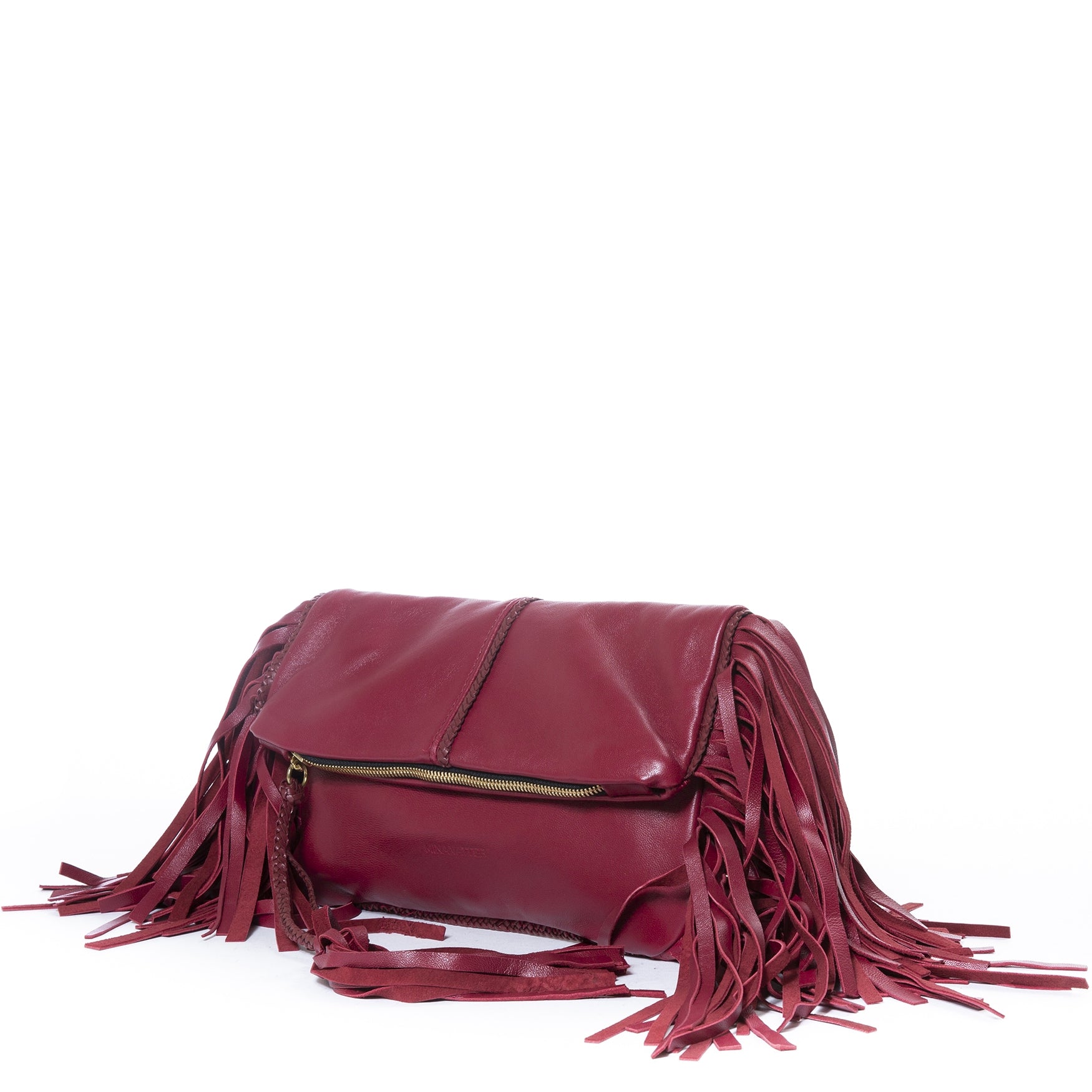 buy Mina Vatter Red Leather Fringe Clutch at labellov for the best price