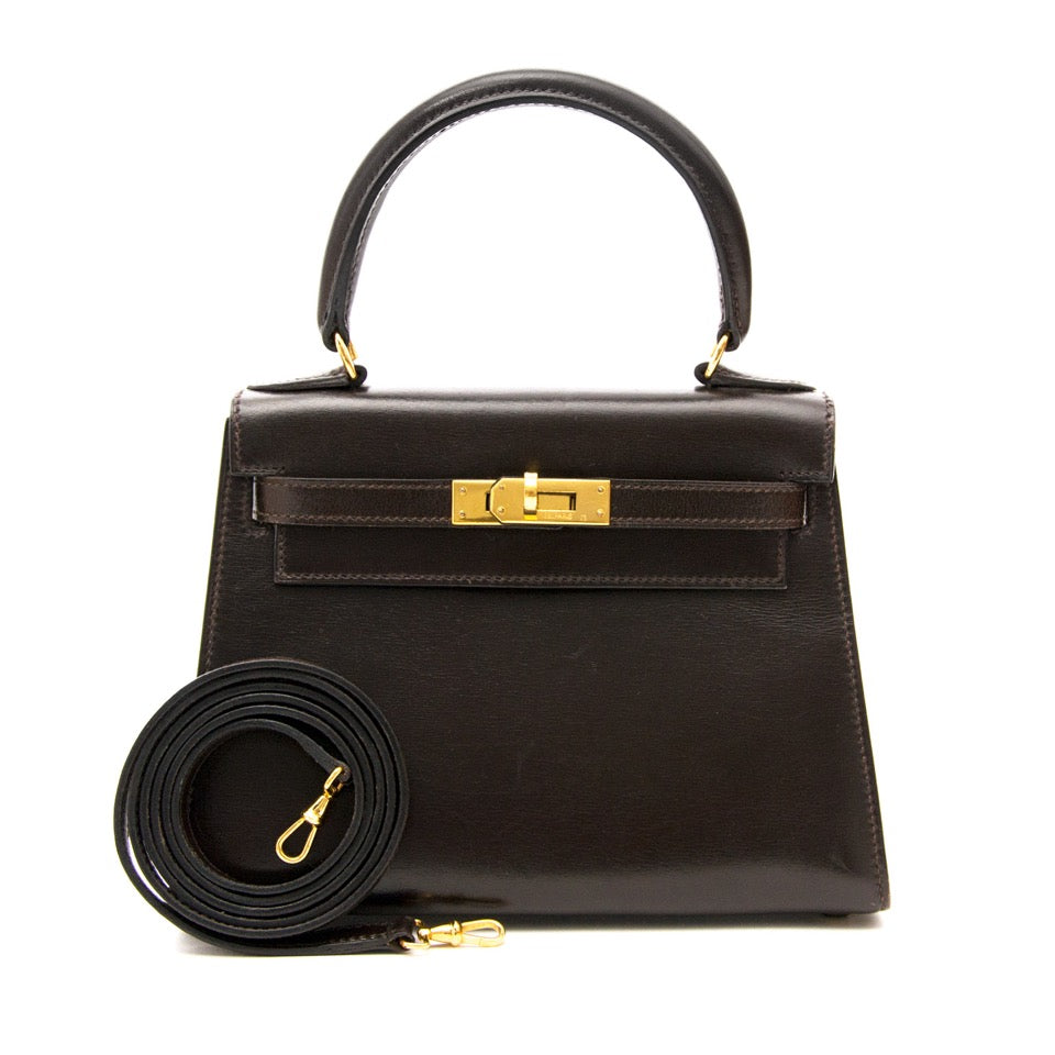 shop your luxury Very Rare Hermès Kelly Mini 20cm Dark Brown Boxcalf at the best price worldwide shipping