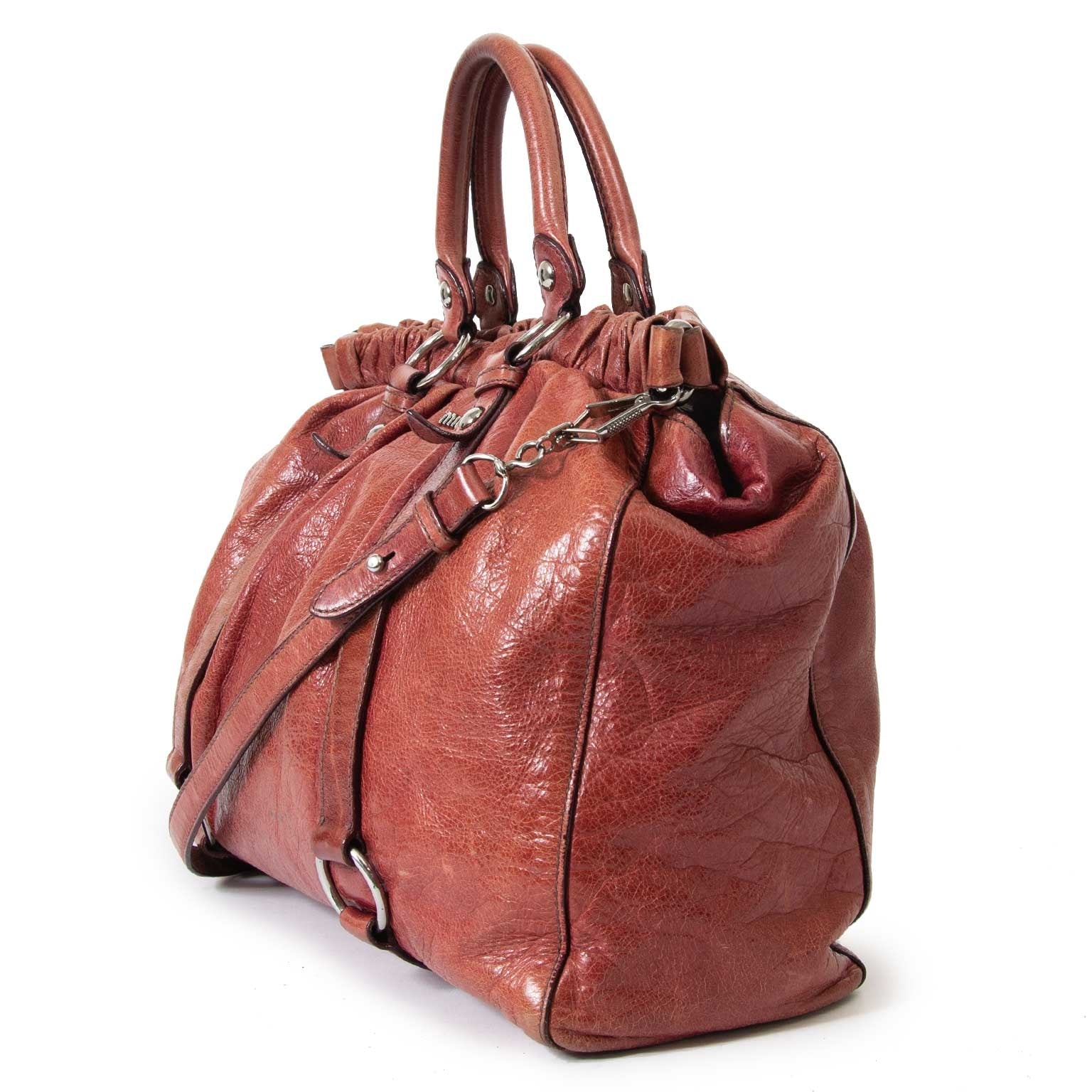 miu miu vitello lux gathered leather shopper now for sale at labellov vintage fashion webshop belgium