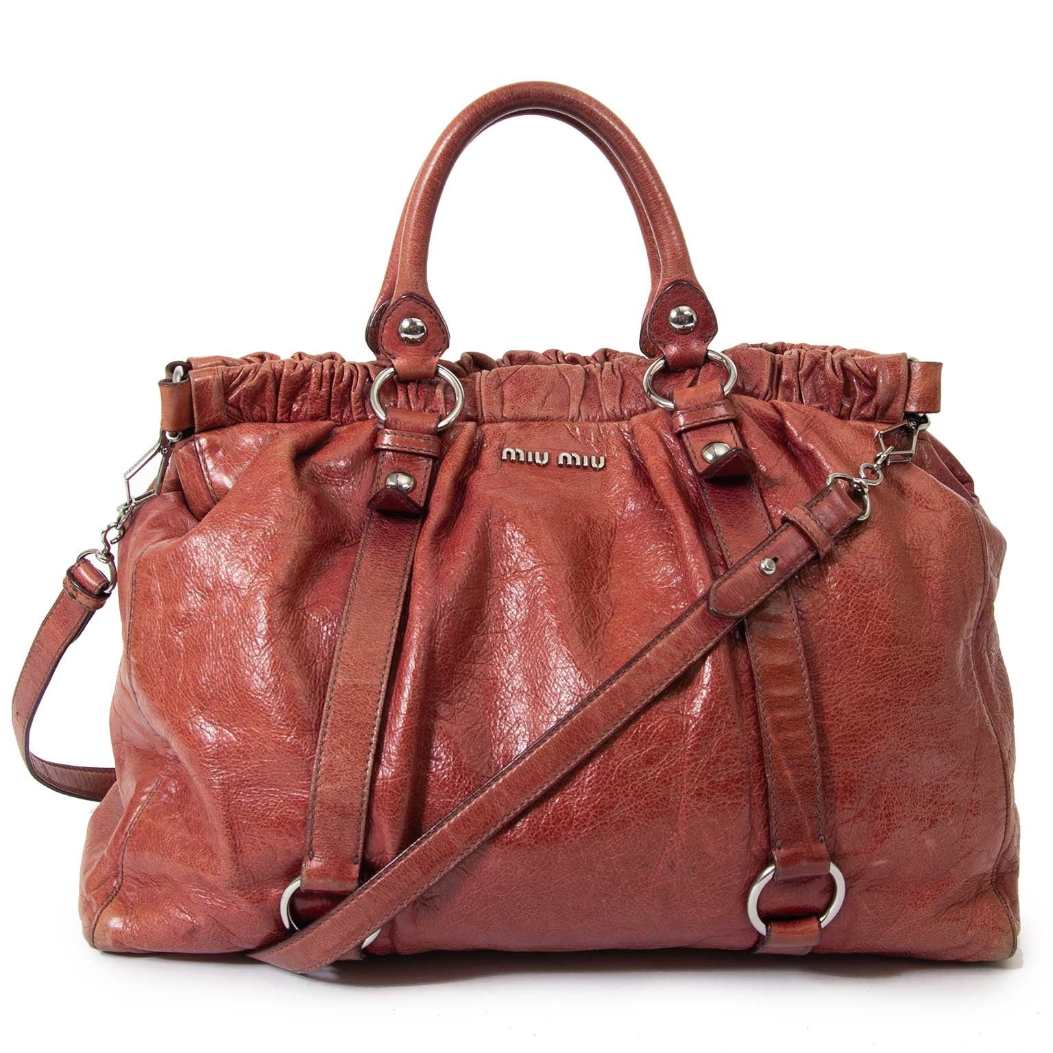 miu miu vitello lux gathered leather shopper now for sale at labellov vintage fashion webshop belgium