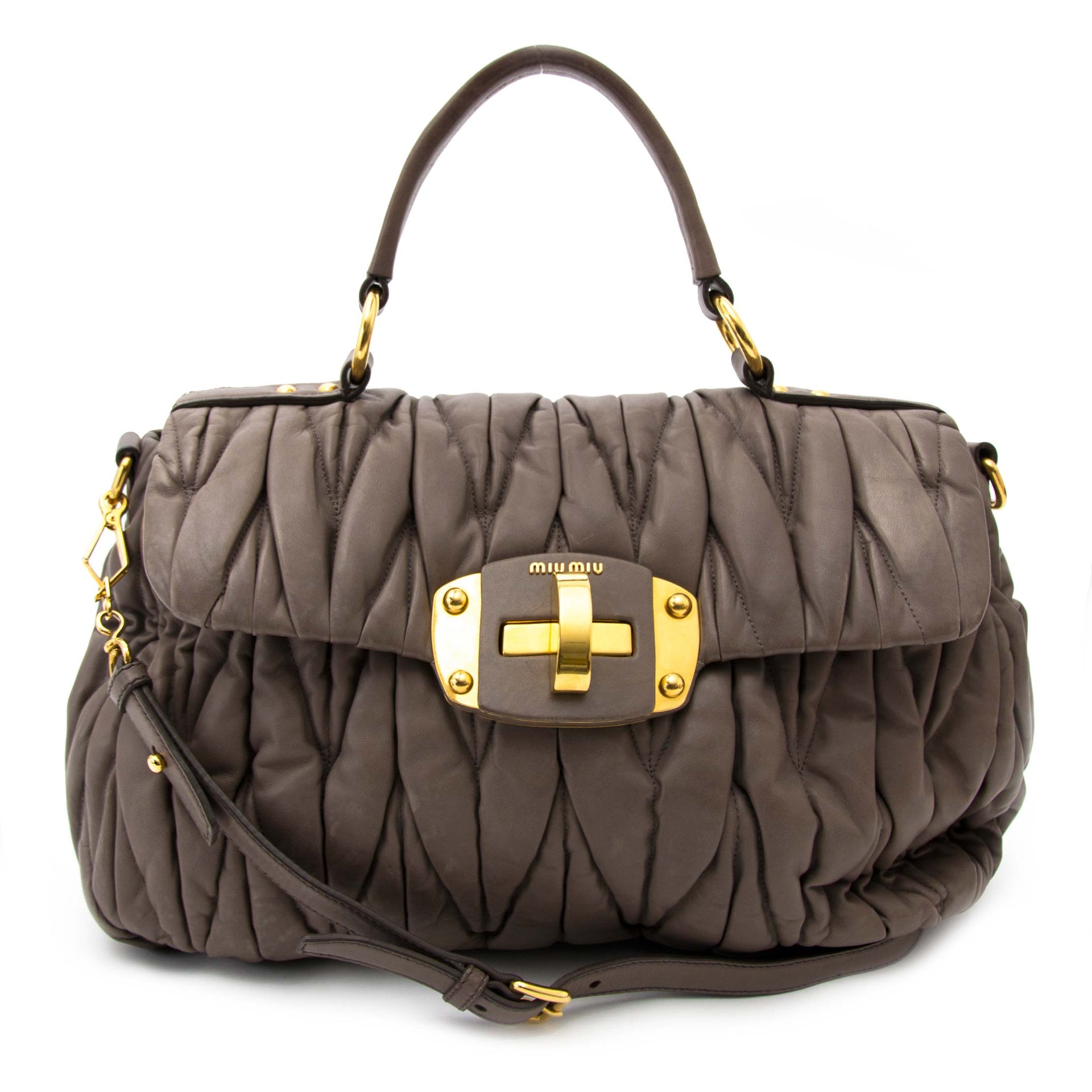 Koop uw Miu Miu Taupe Pleated Shoulder Bag