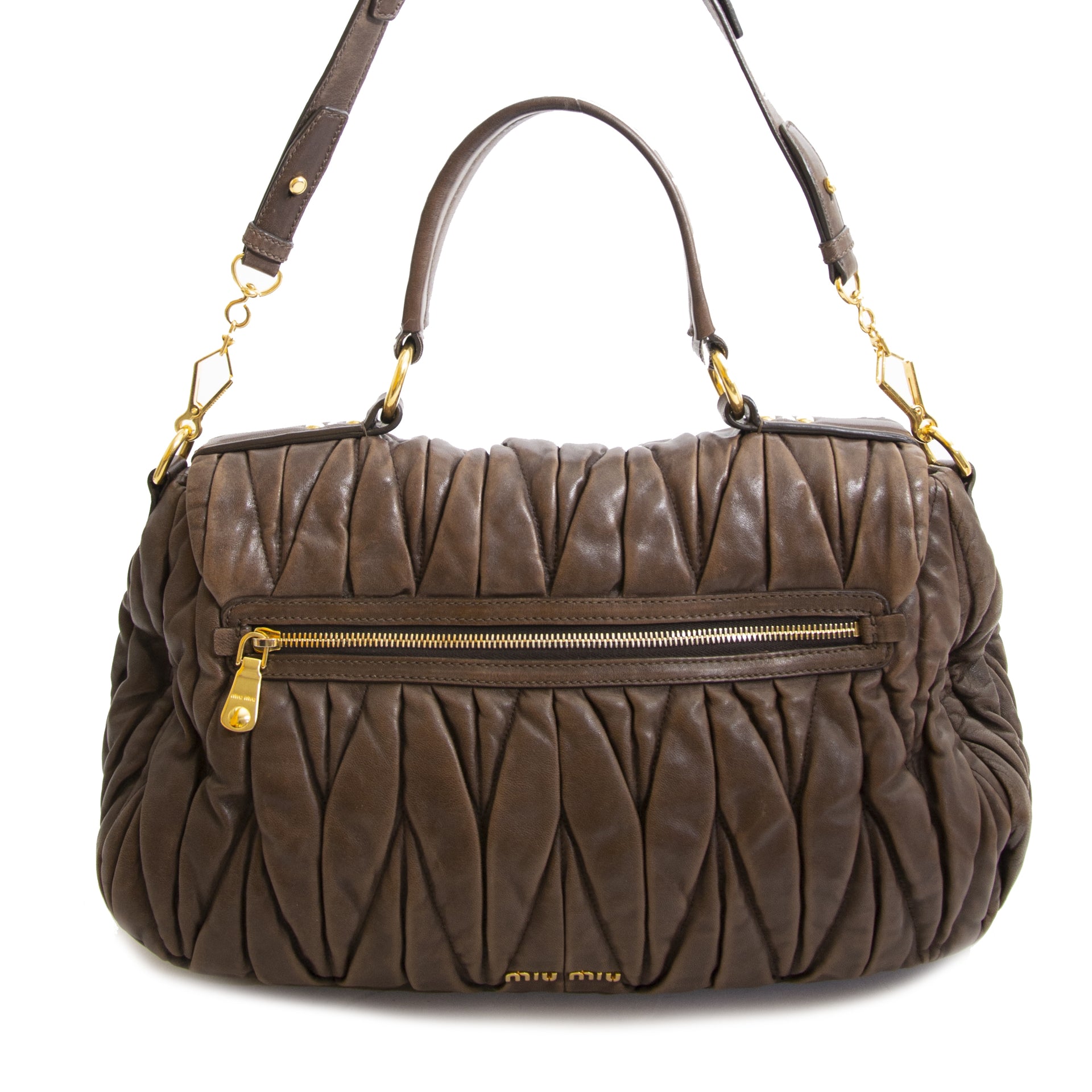 Miu Miu matelasse bruin leder top handle tas nu te koop bij labellov vintage mode webshop belgië