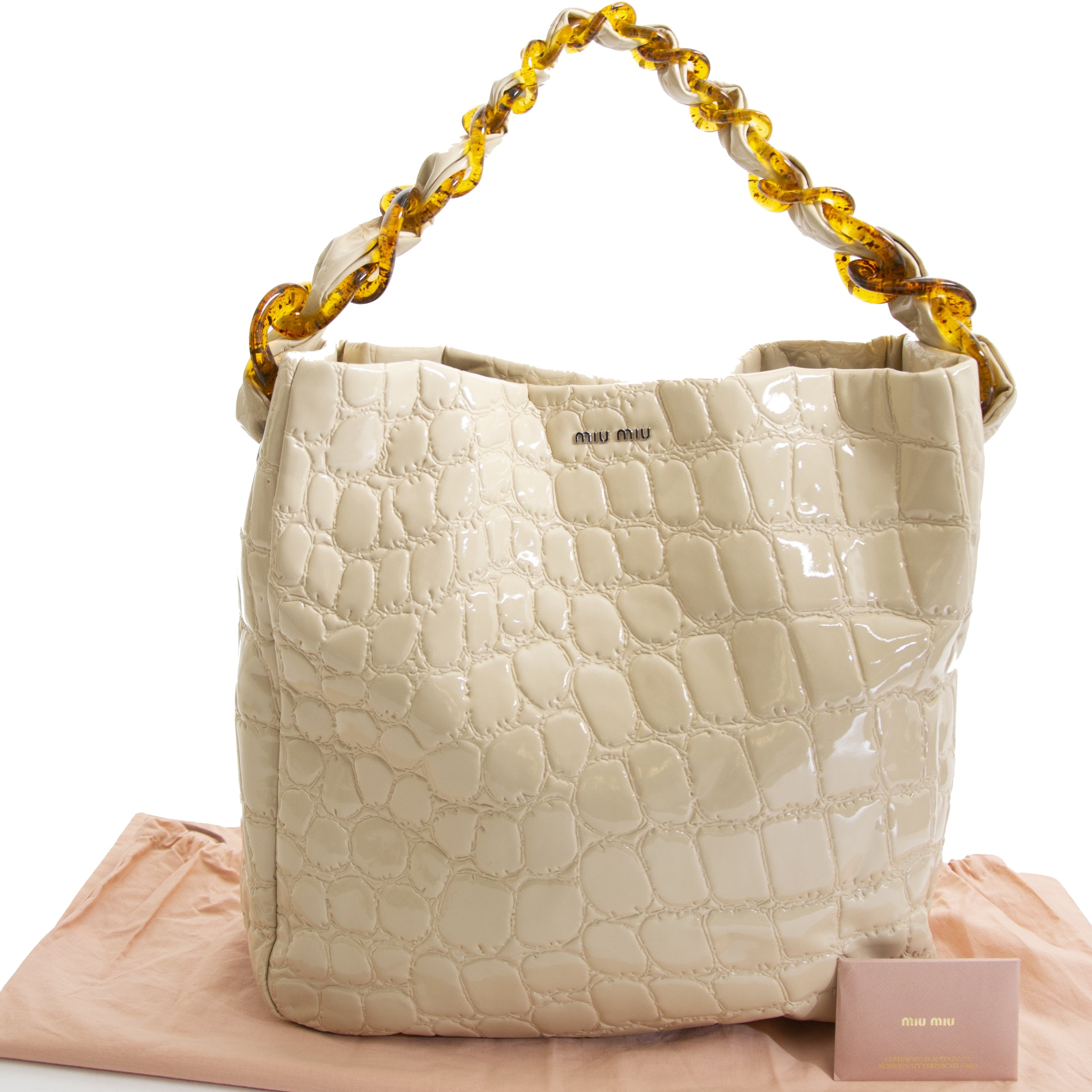 Miu Miu White Alligator Cire Embossed Patent Leather Tote with