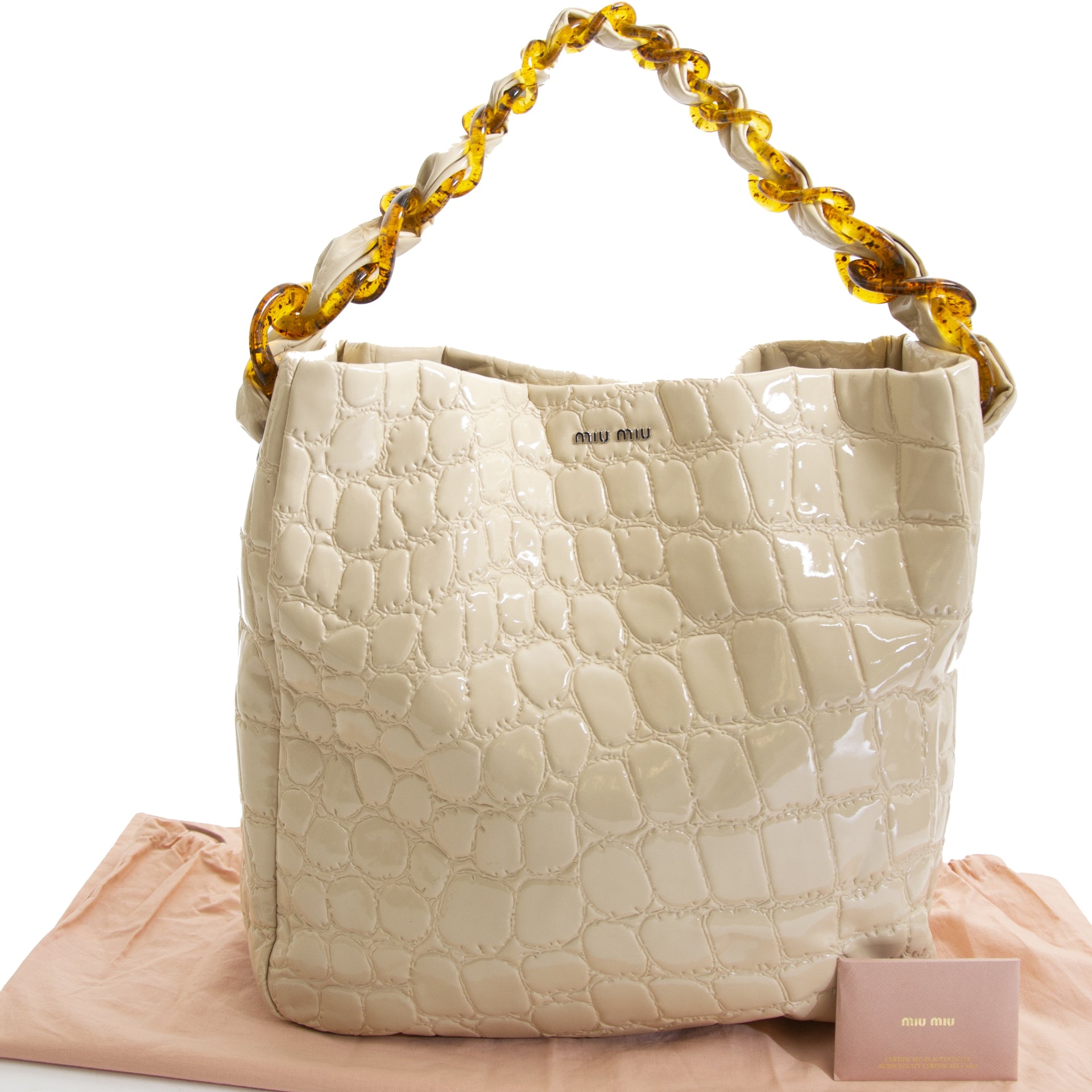 Miu Miu Witte Alligator Cire Reliëf Lakleren Tas met Leren & Schildpad Handvat