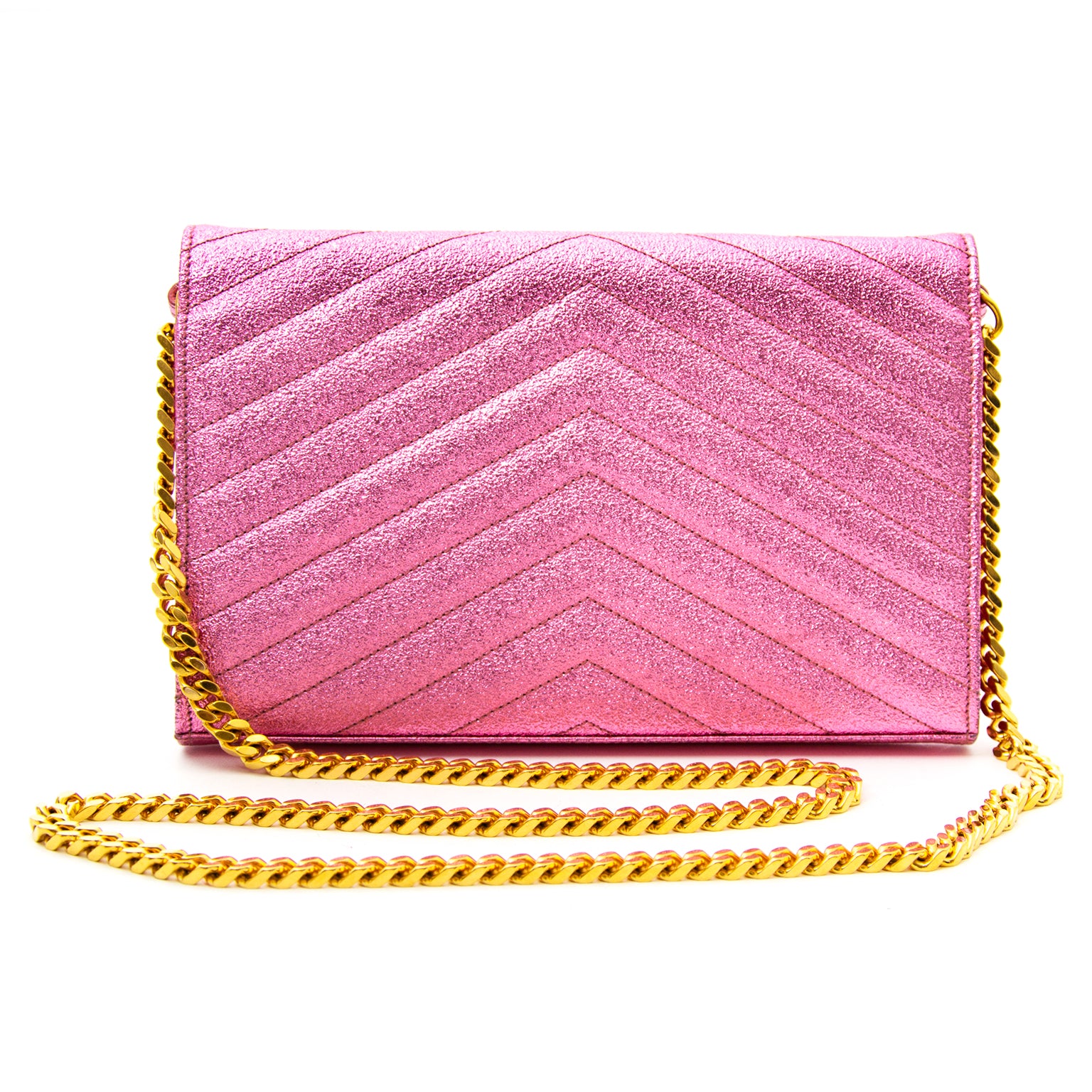 Saint Laurent Pink Textured Metallic Chain wallet kopen en verkopen met gemak online bij Labellov tweedehands