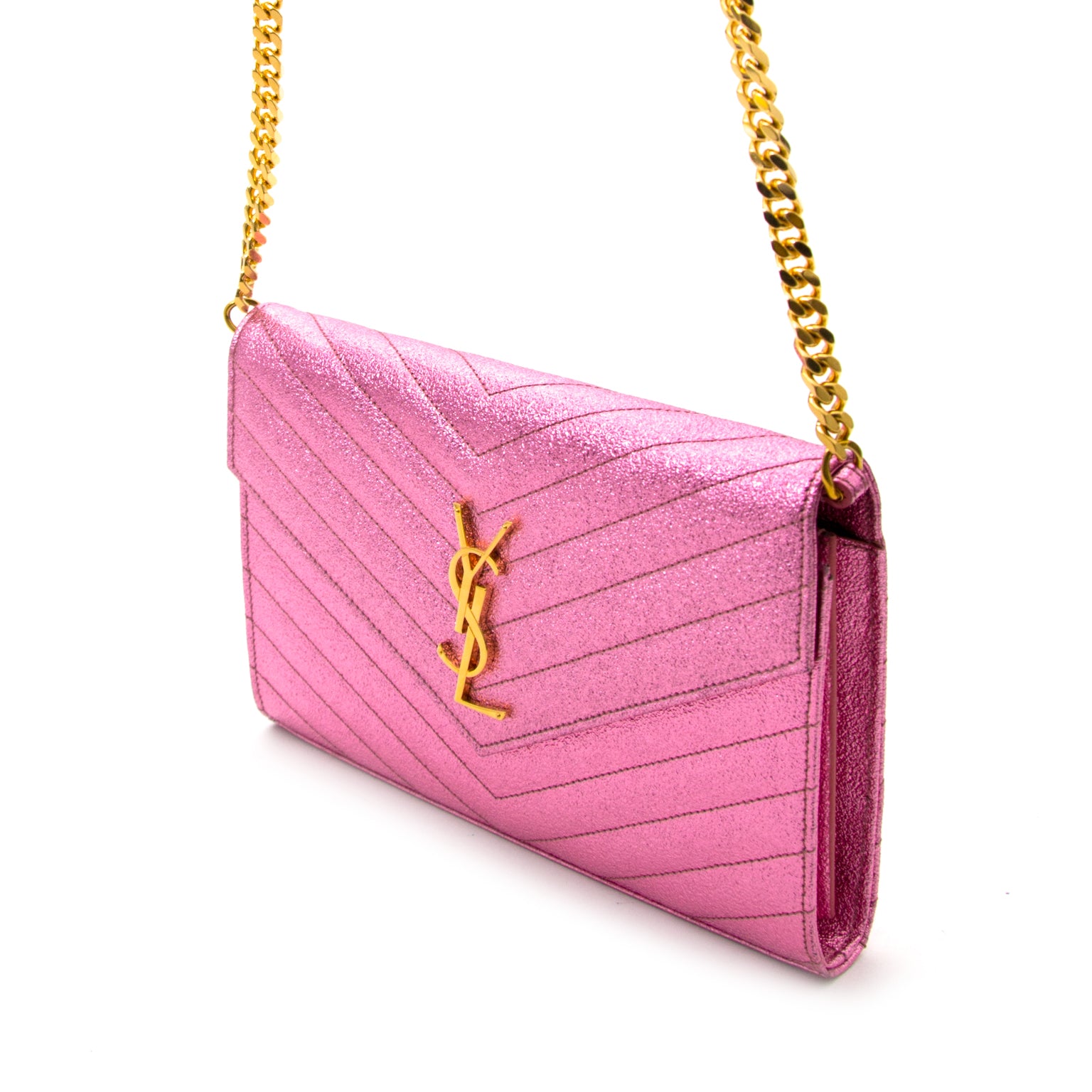 Shop safe and secure online at labellov.com Saint Laurent Pink Textured Metallic Chain Wallet