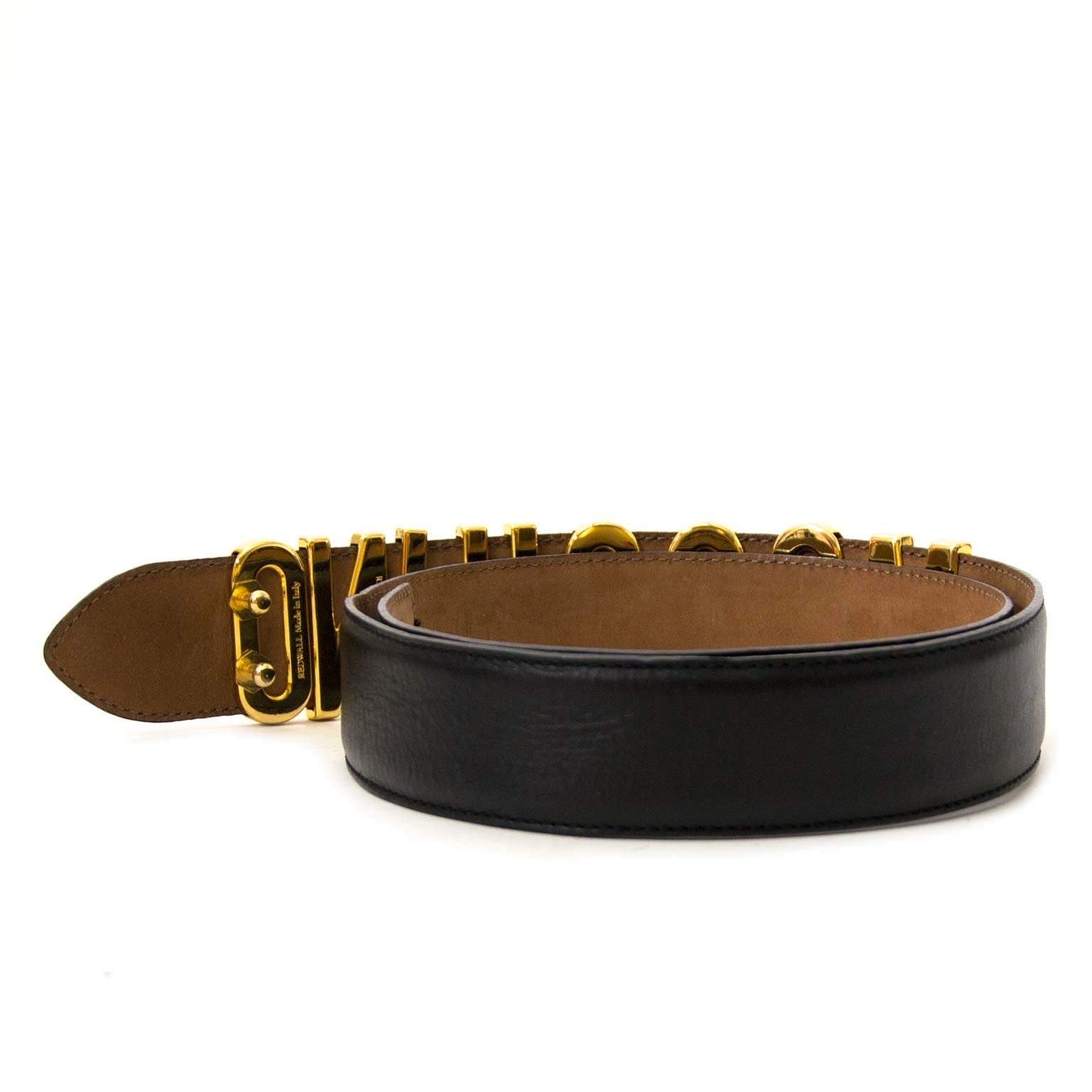 Buy authentic moschino black gold letter belt at labellov vintage fashion webshop belgium