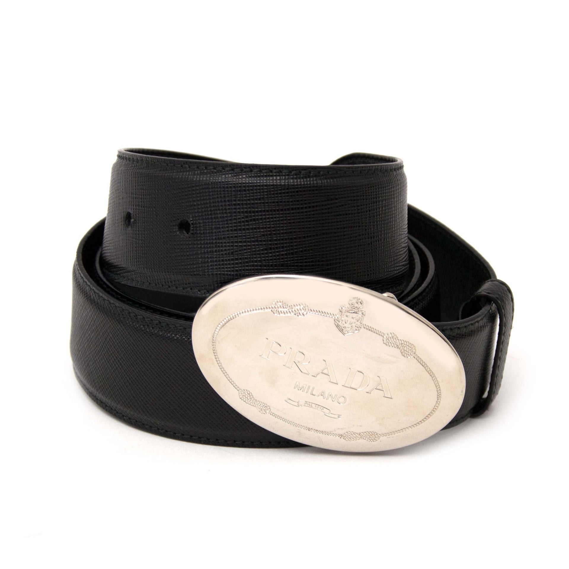 Prada Black Leather Silver Buckle Belt available online at Labellov