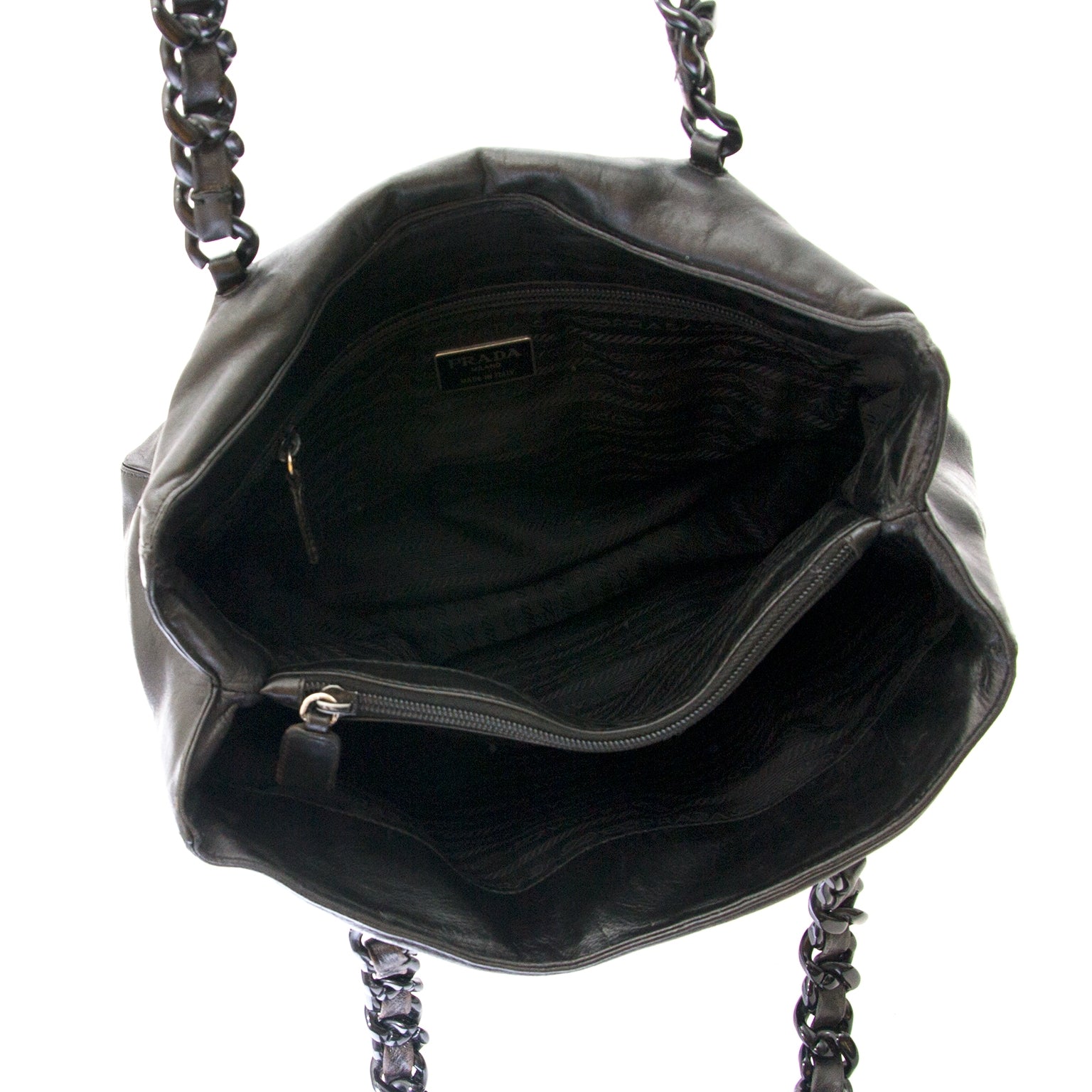 prada plastic chain black leather shoulder bag now for sale at labellov vintage fashion webshop belgium