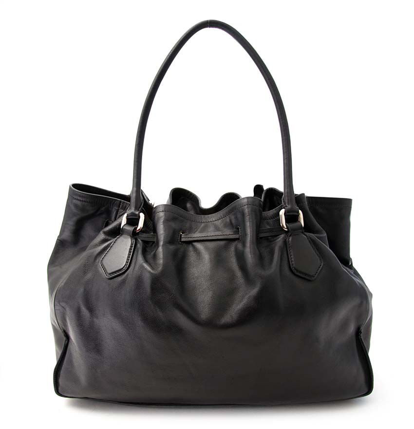 skip the waitinglist shop jou Prada Black Drawstring Tassel Tote Leather