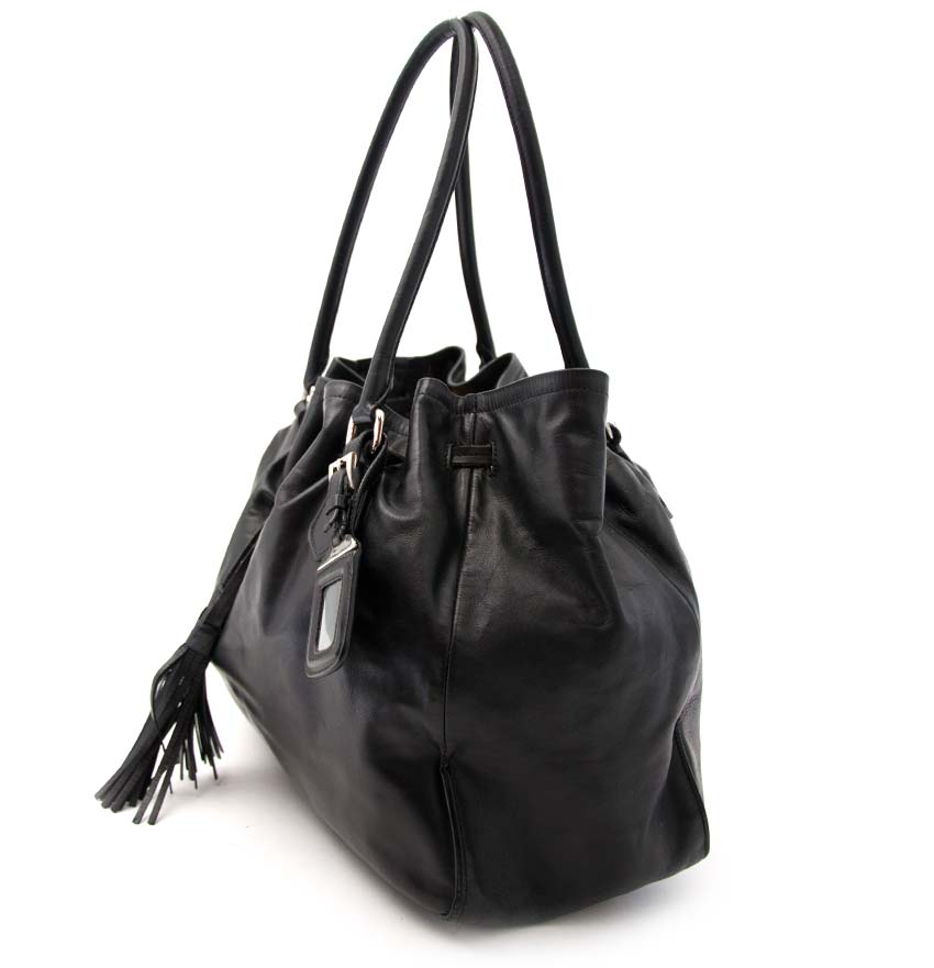 shop safe online Prada Black Drawstring Tassel Tote Leather