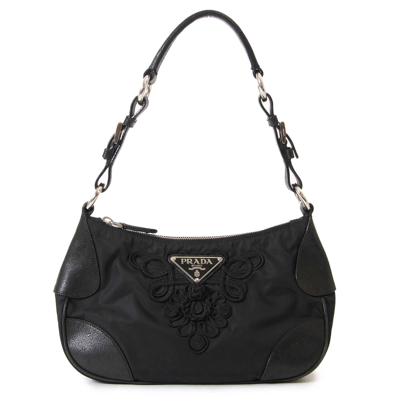 Prada Black Nylon Embroidered Shoulder Bag for the best price at Labellov