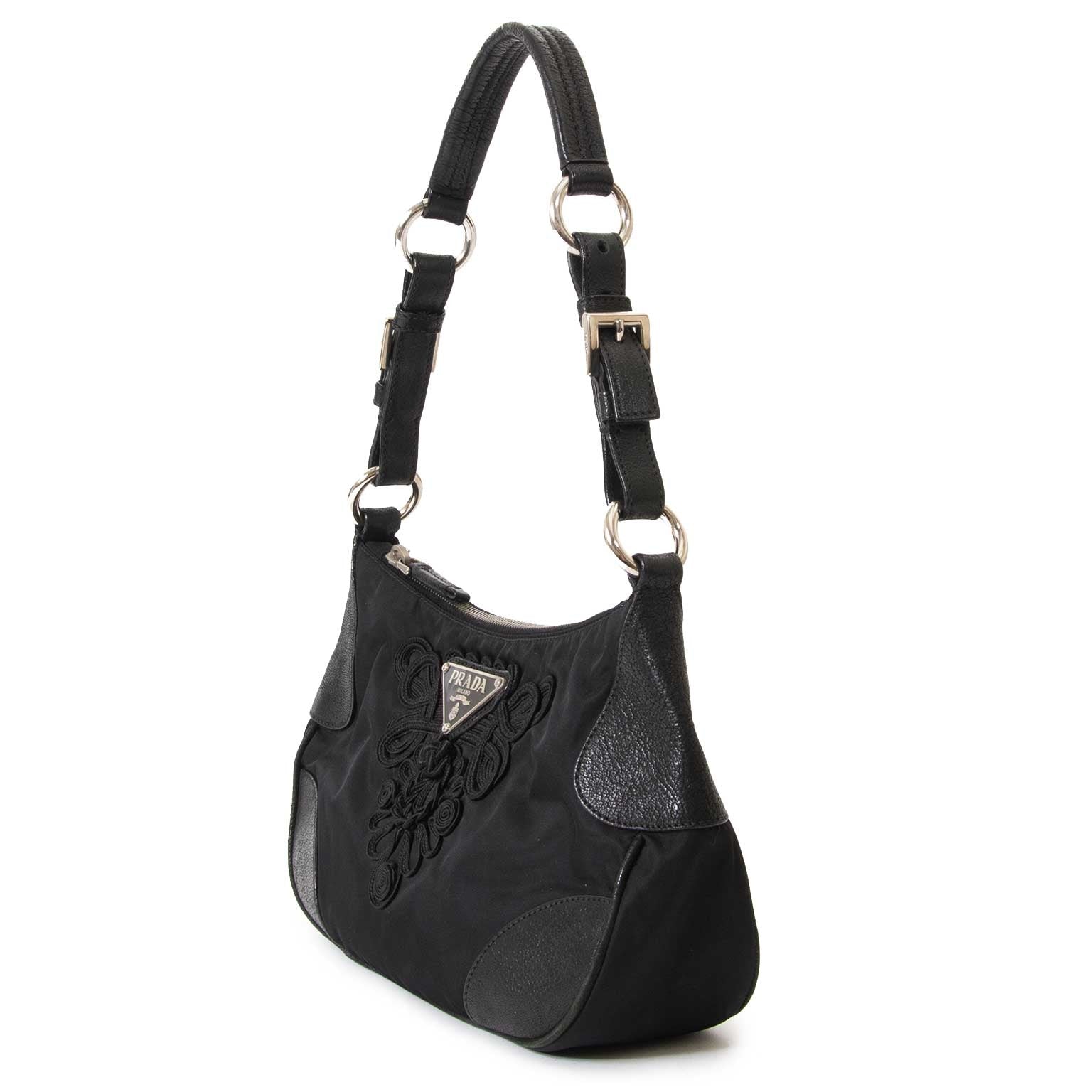 Prada Black Nylon Embroidered Shoulder Bag