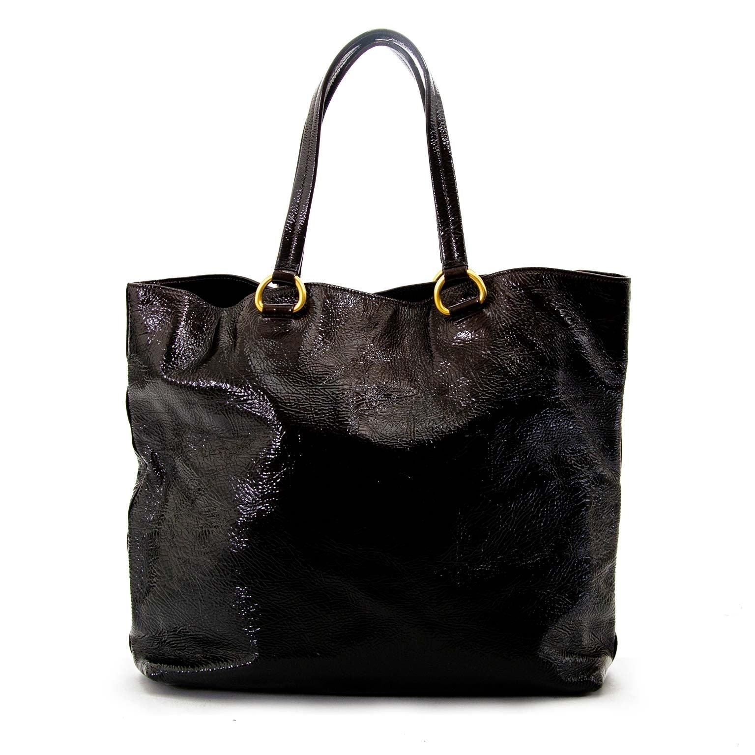 Prada Dark Brown Patent Leather Tote Bag en vendre chez labellov anvers au meilleur prix
