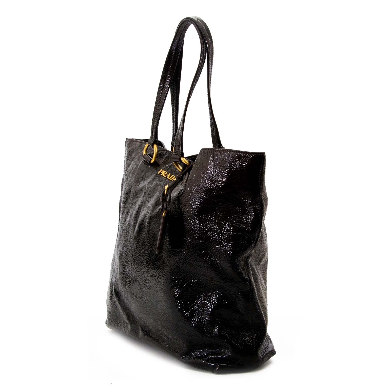 Prada Dark Brown Patent Leather Tote Bag now for sale at labellov antwerp for the best price