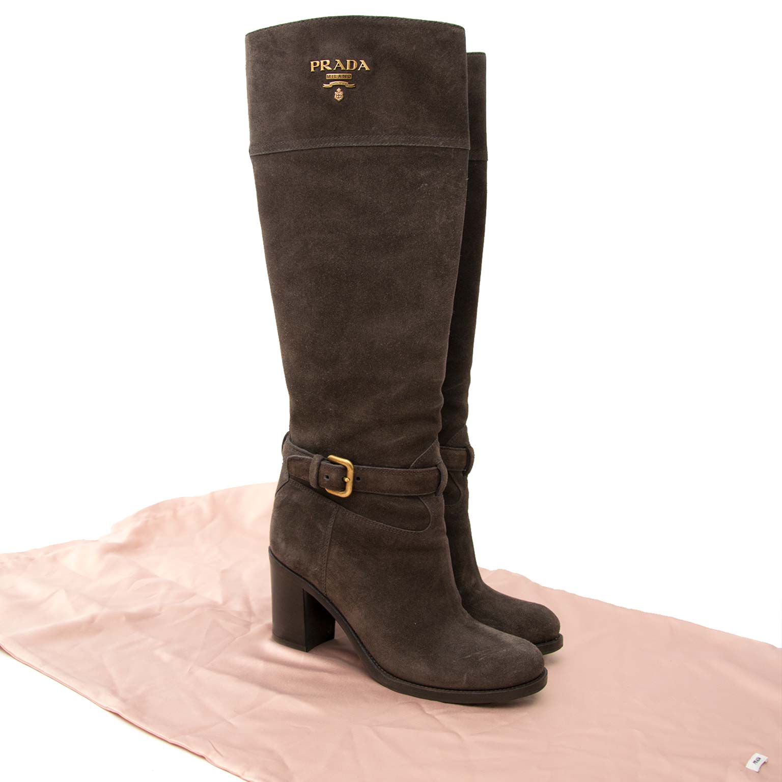 Prada Grey Suede Buckle Detail Boots