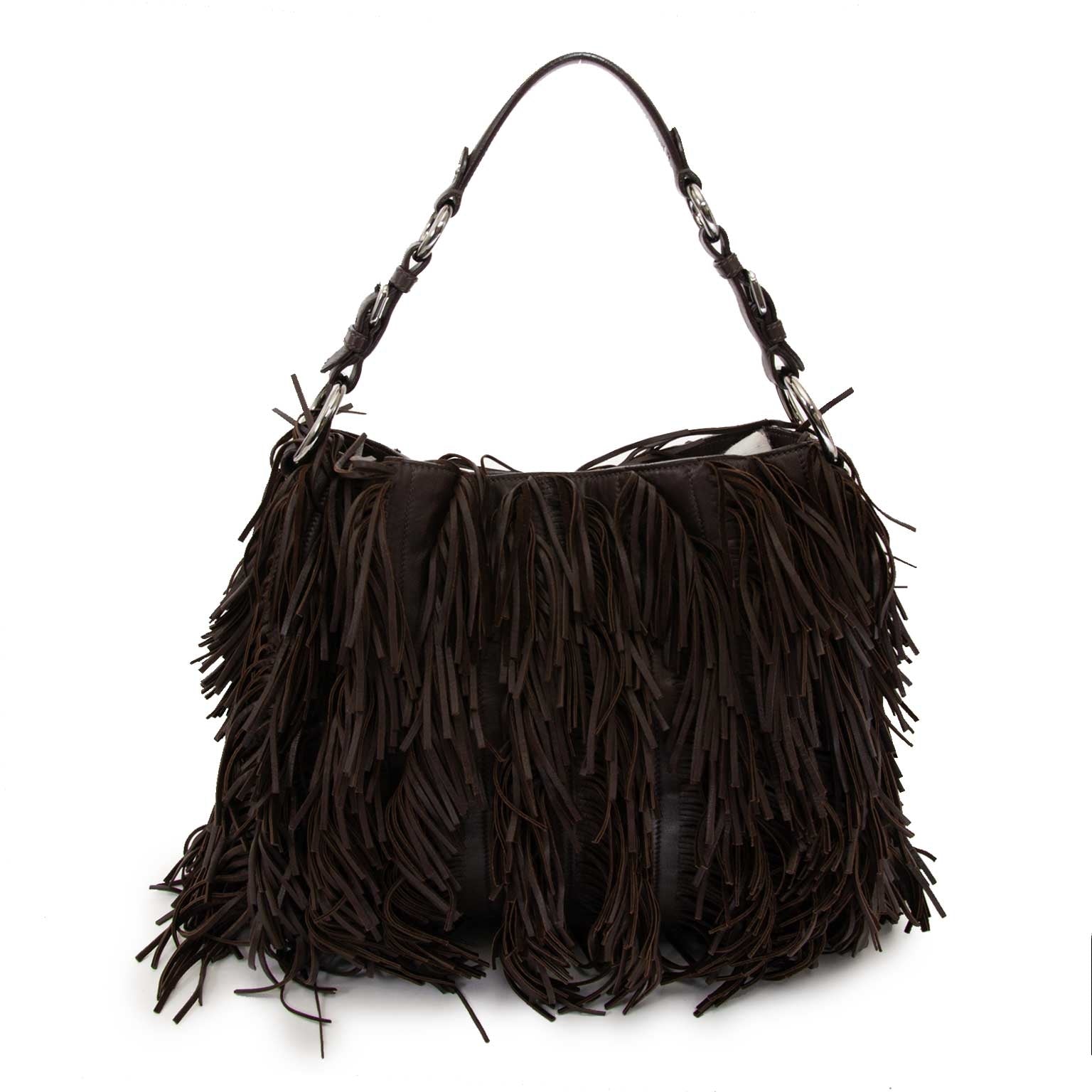 prada brown fringe leather bag now for sale at labellov vintage fashion webshop belgium