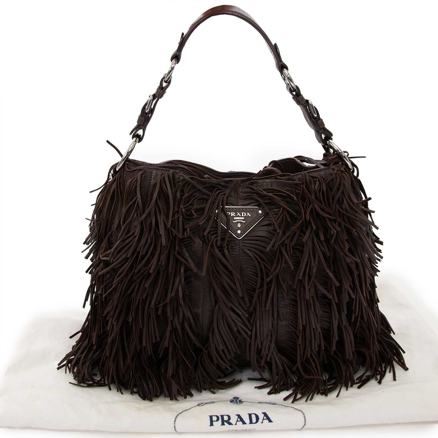 prada brown fringe leather bag now for sale at labellov vintage fashion webshop belgium