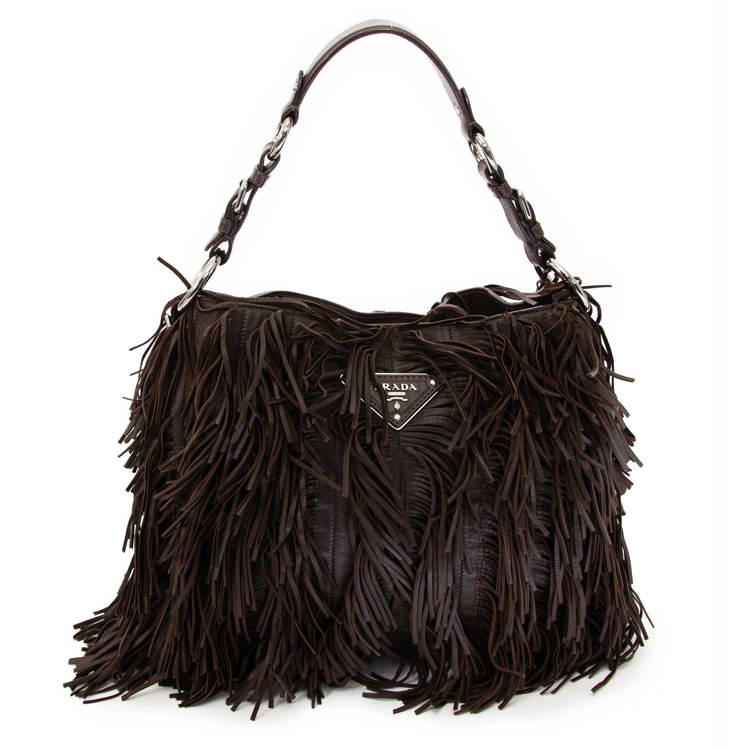 prada brown fringe leather bag now for sale at labellov vintage fashion webshop belgium