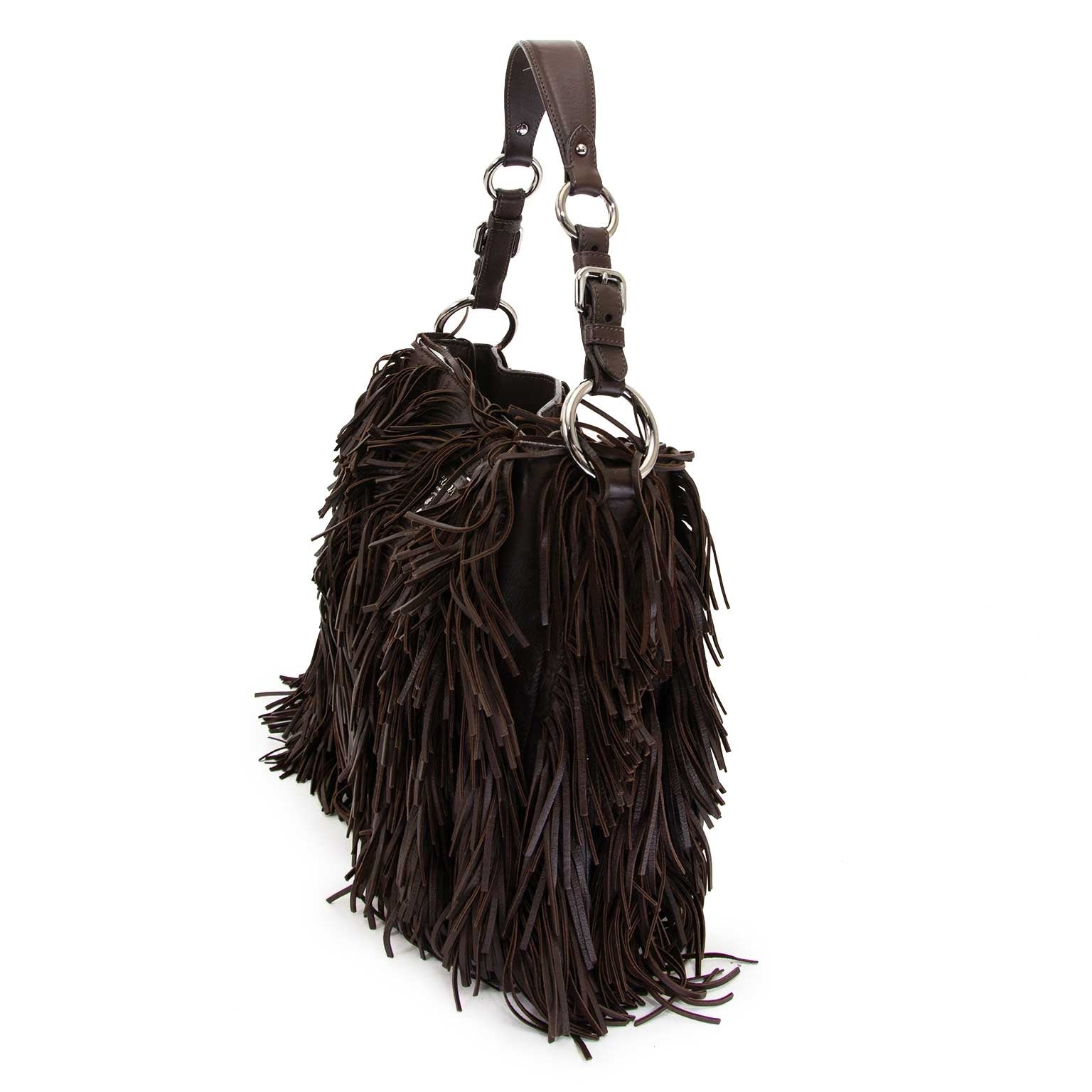 prada brown fringe leather bag now for sale at labellov vintage fashion webshop belgium
