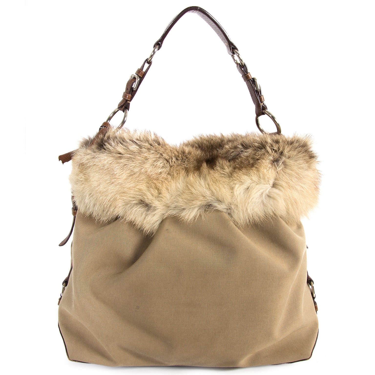 Prada Logo Jacquard and Fur Leather Bag for sale at Labellov secondhand luxury in Antwerp