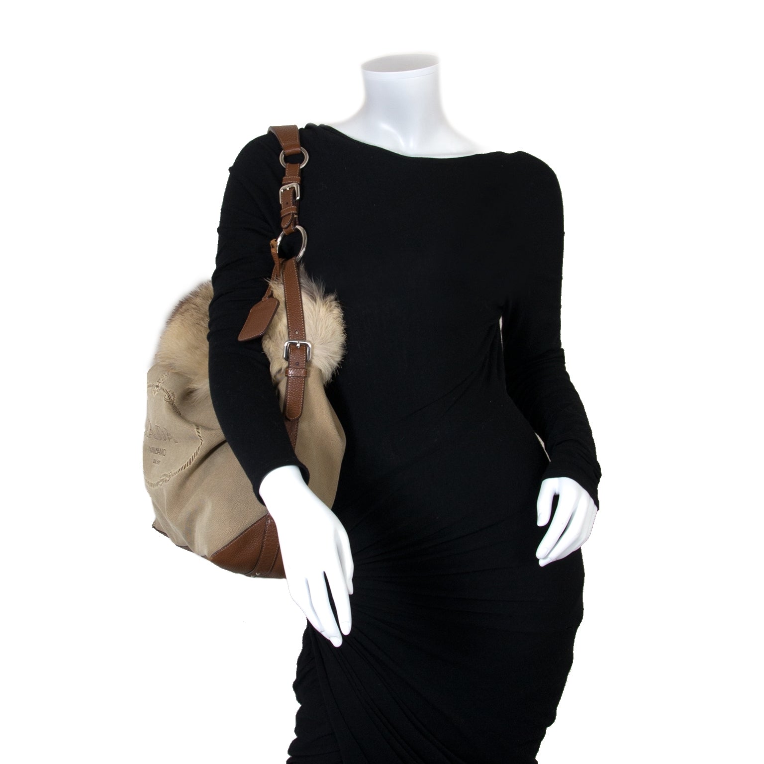 Koop uw authentieke Prada Logo Jacquard and Fur Leather Bag aan de beste prijs bij Labellov