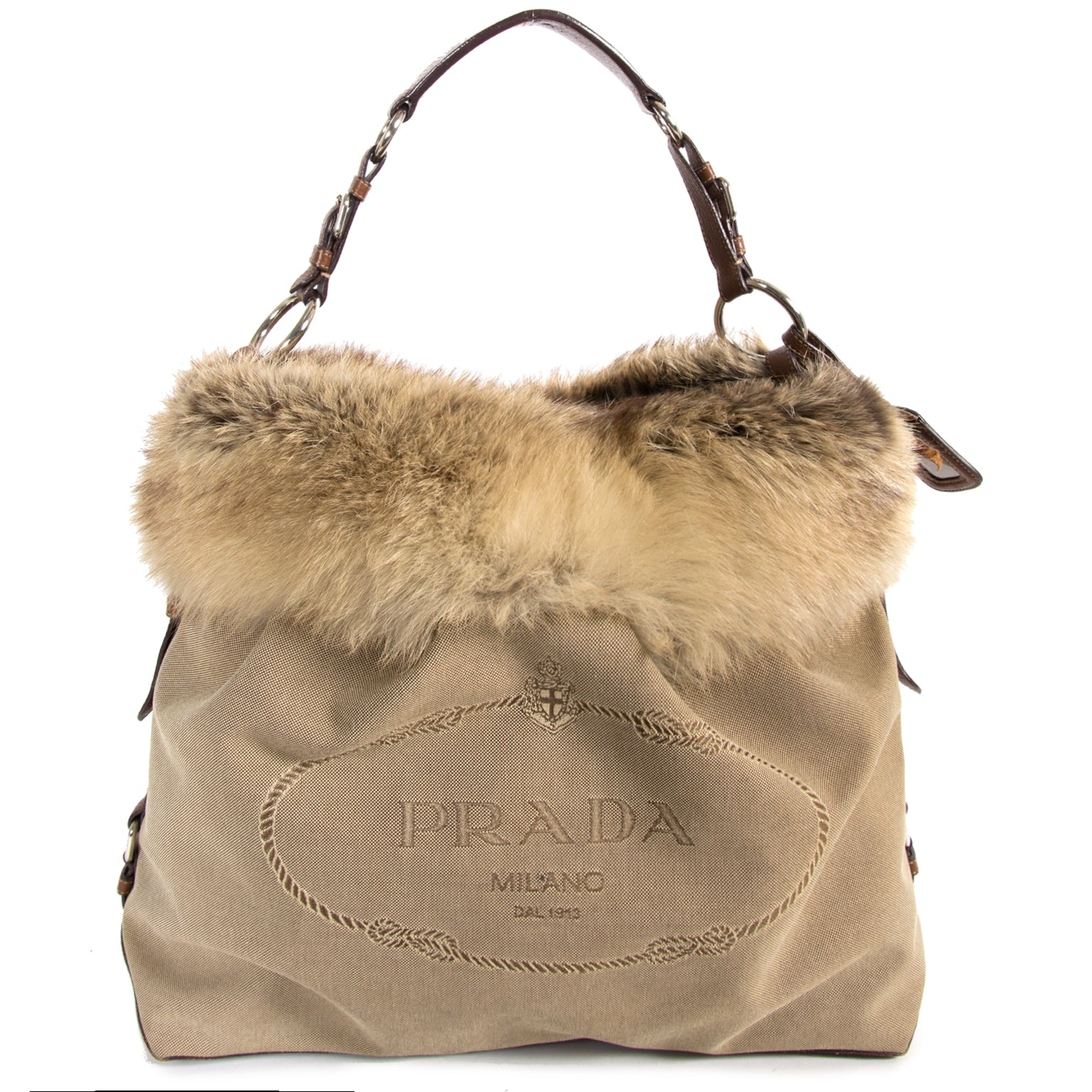 100% authentic Prada Logo Jacquard and Fur Leather Bag for the best price