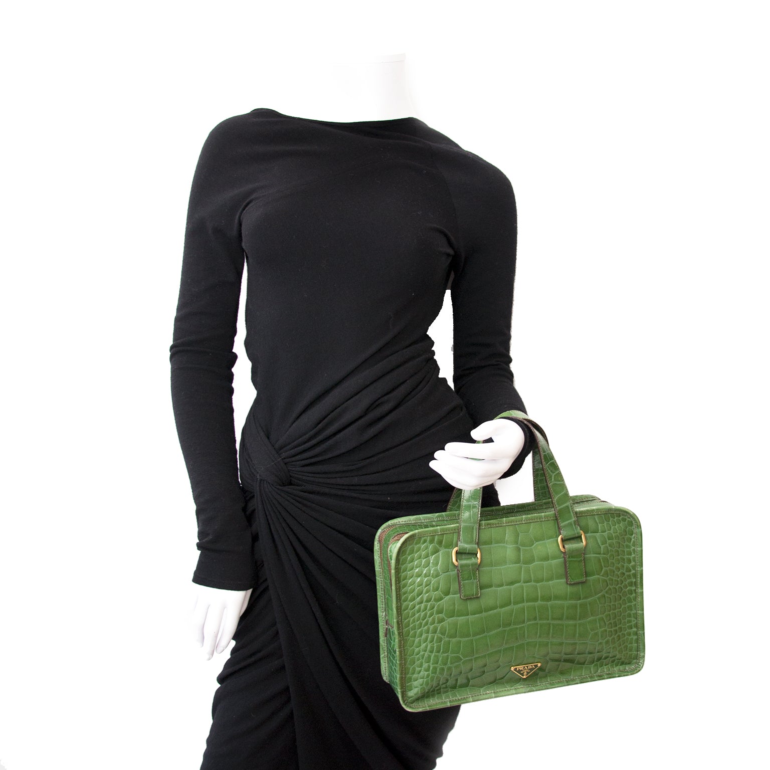 Prada Green Croc-Embossed Leather St. Coco Bauletto Top Handle Bag