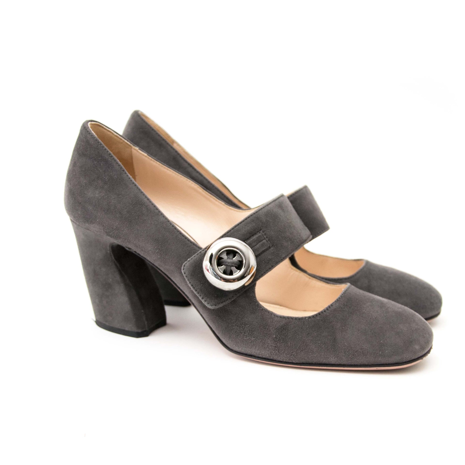prada grey suede heels now online at labellov.com for the best price