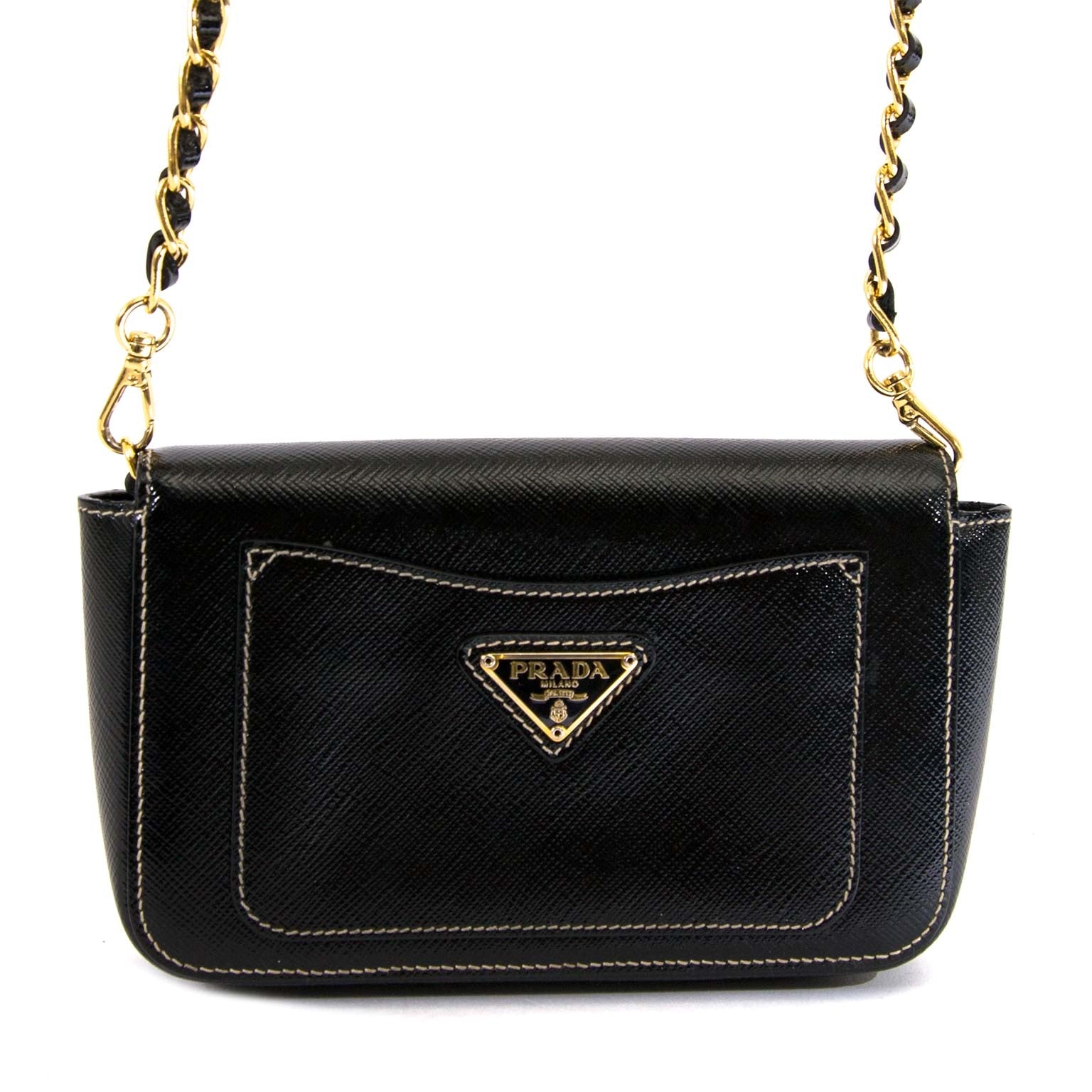 prada saffiano vernis mini chain bag now for sale at labellov vintage fashion webshop belgium