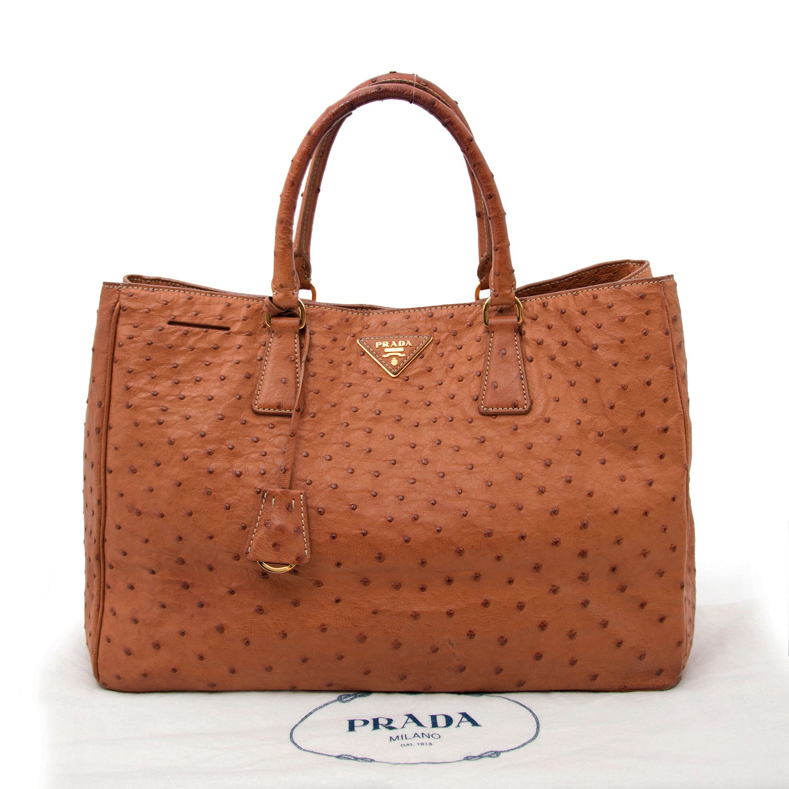 Koop een authentieke Prada Camel Ostrich Convertable Tote Bag aan de juiste prijs