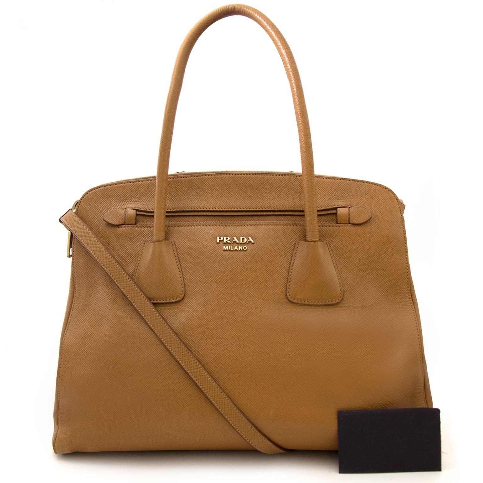 authentieke Prada Camel Saffiano Leather Bowling Bag te koop bij labellov