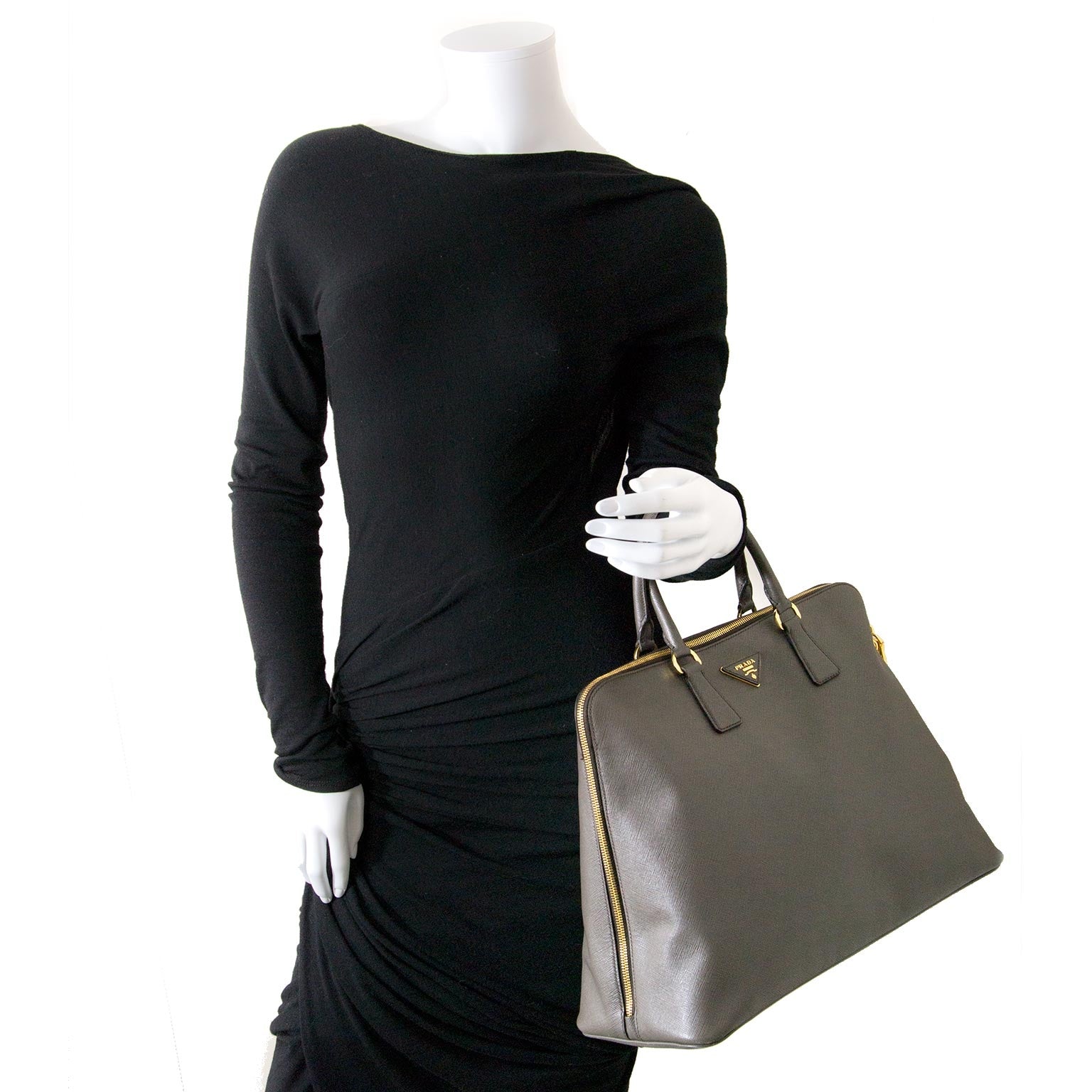 prada grey saffiano lux bauletto bag now for sale at labellov vintage fashion webshop belgium