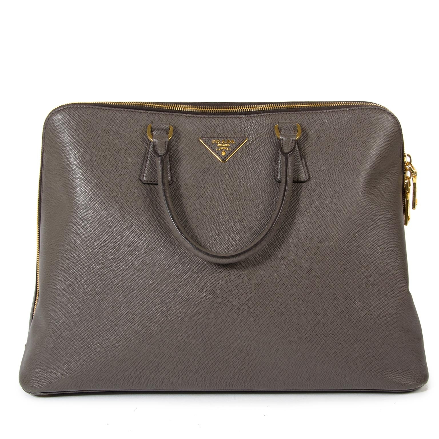 prada grey saffiano lux bauletto bag now for sale at labellov vintage fashion webshop belgium