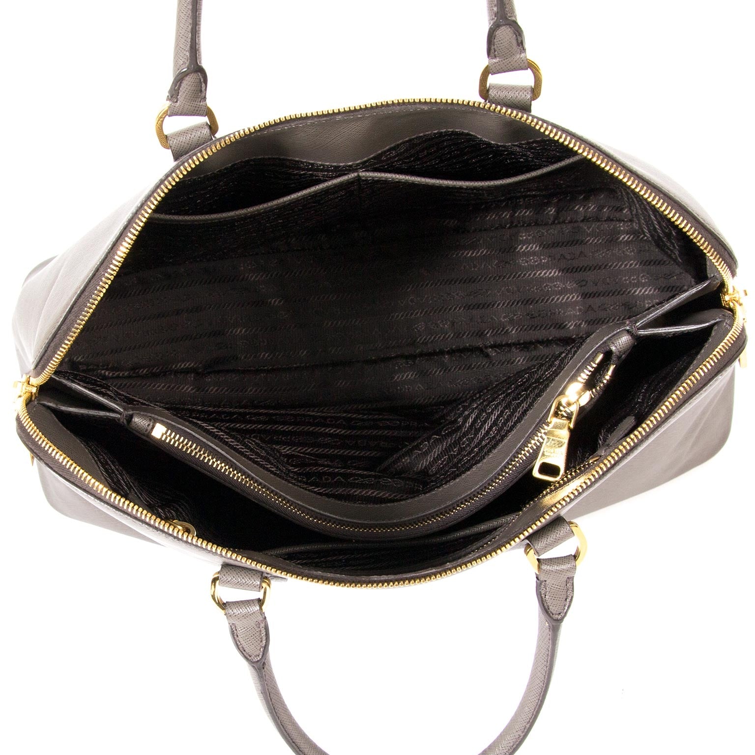 prada grey saffiano lux bauletto bag now for sale at labellov vintage fashion webshop belgium