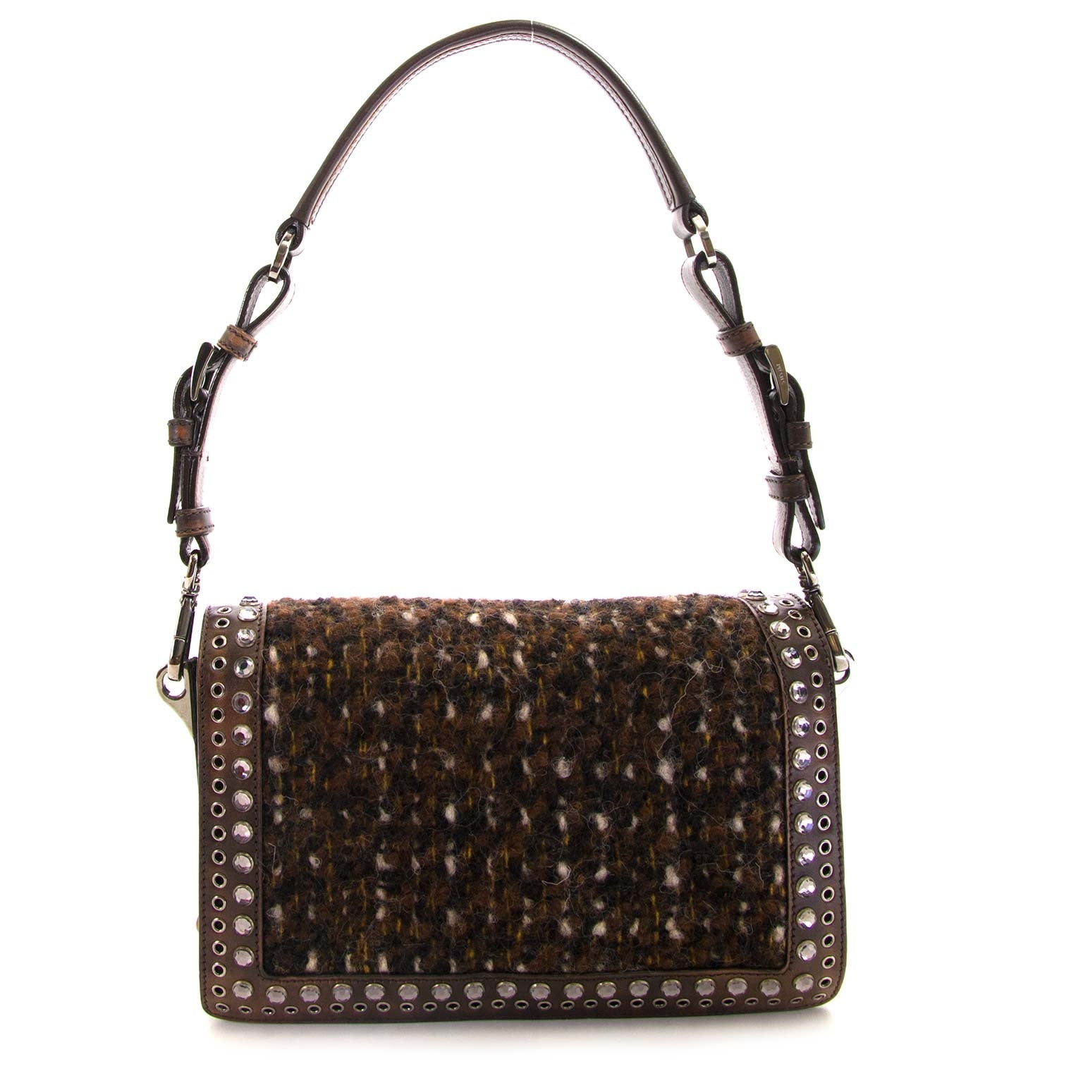 prada brown tweed shoulder bag now for sale at labellov vintage fashion webshop belgium