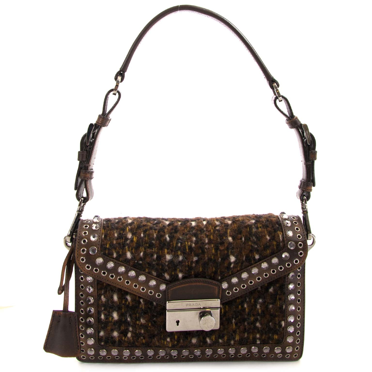 prada brown tweed shoulder bag now for sale at labellov vintage fashion webshop belgium