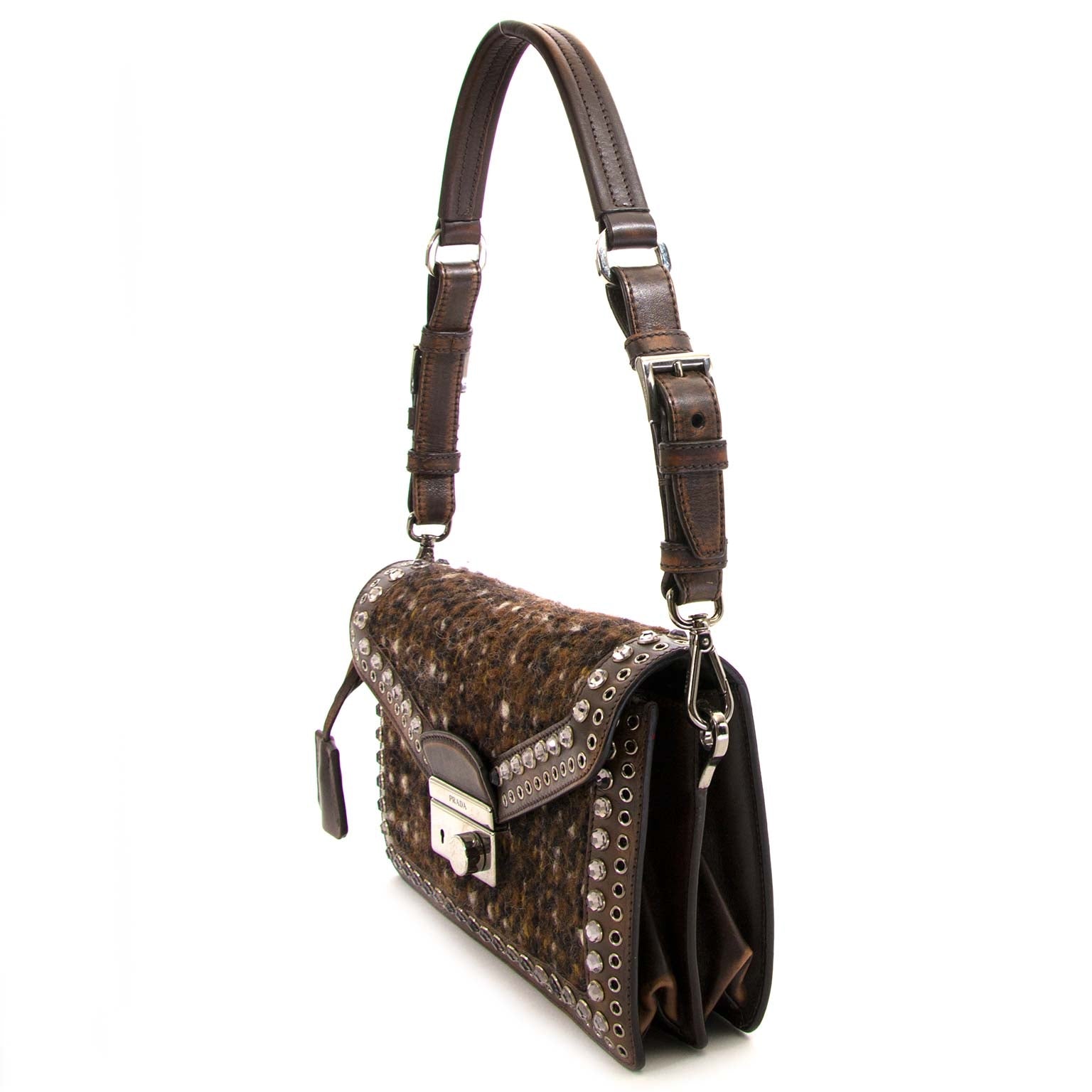 prada brown tweed shoulder bag now for sale at labellov vintage fashion webshop belgium