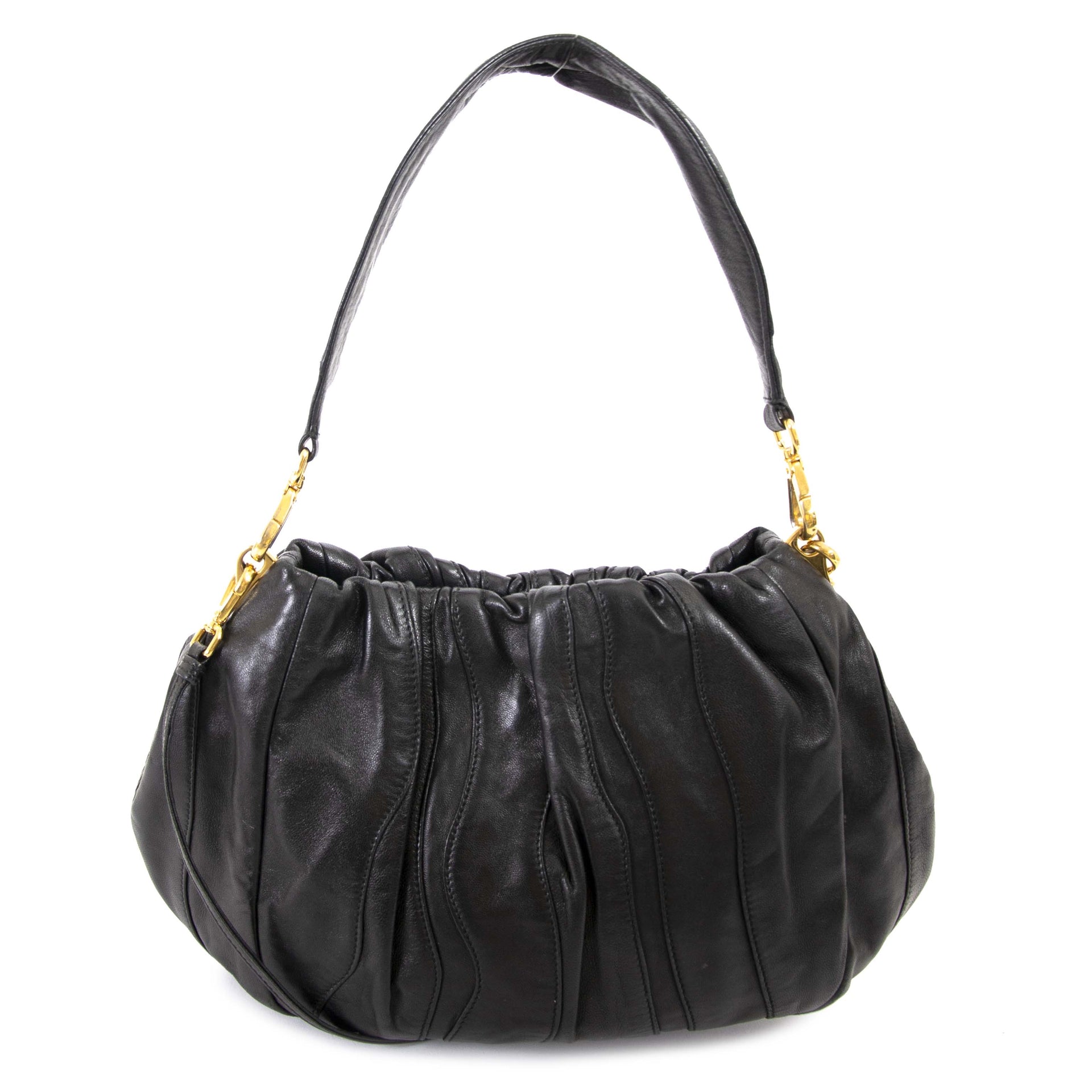 Prada Round Black Leather Shoulder Bag for sale at Labellov secondhand luxury in Antwerp Belgium