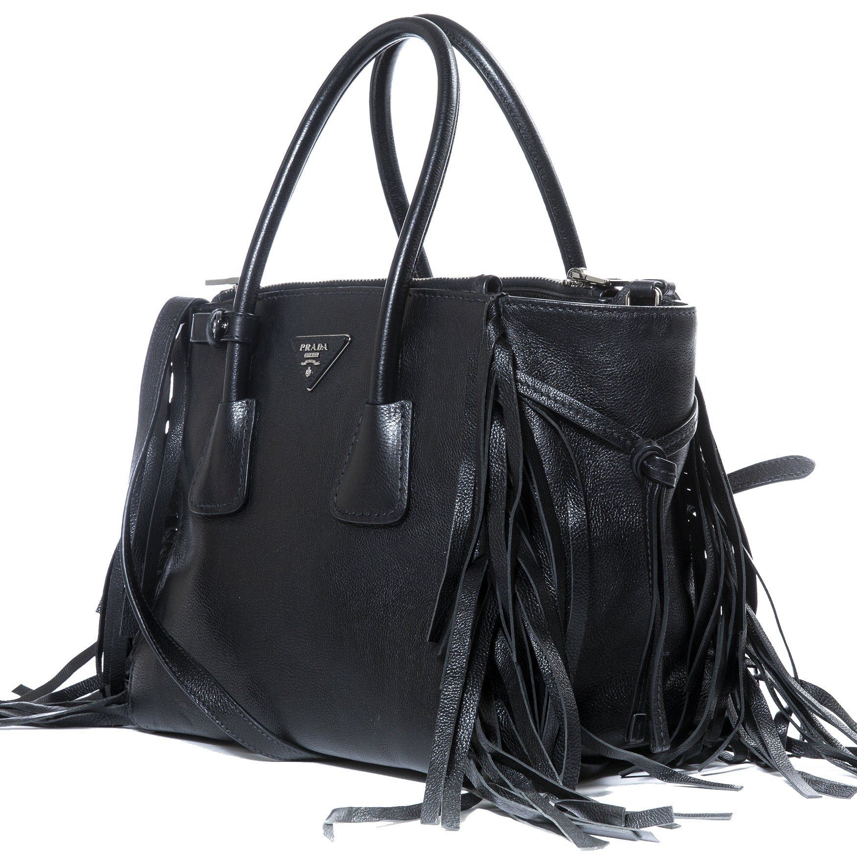 acheter en ligne seconde main Prada Black Twin Pocket Fringe Tote Bag
