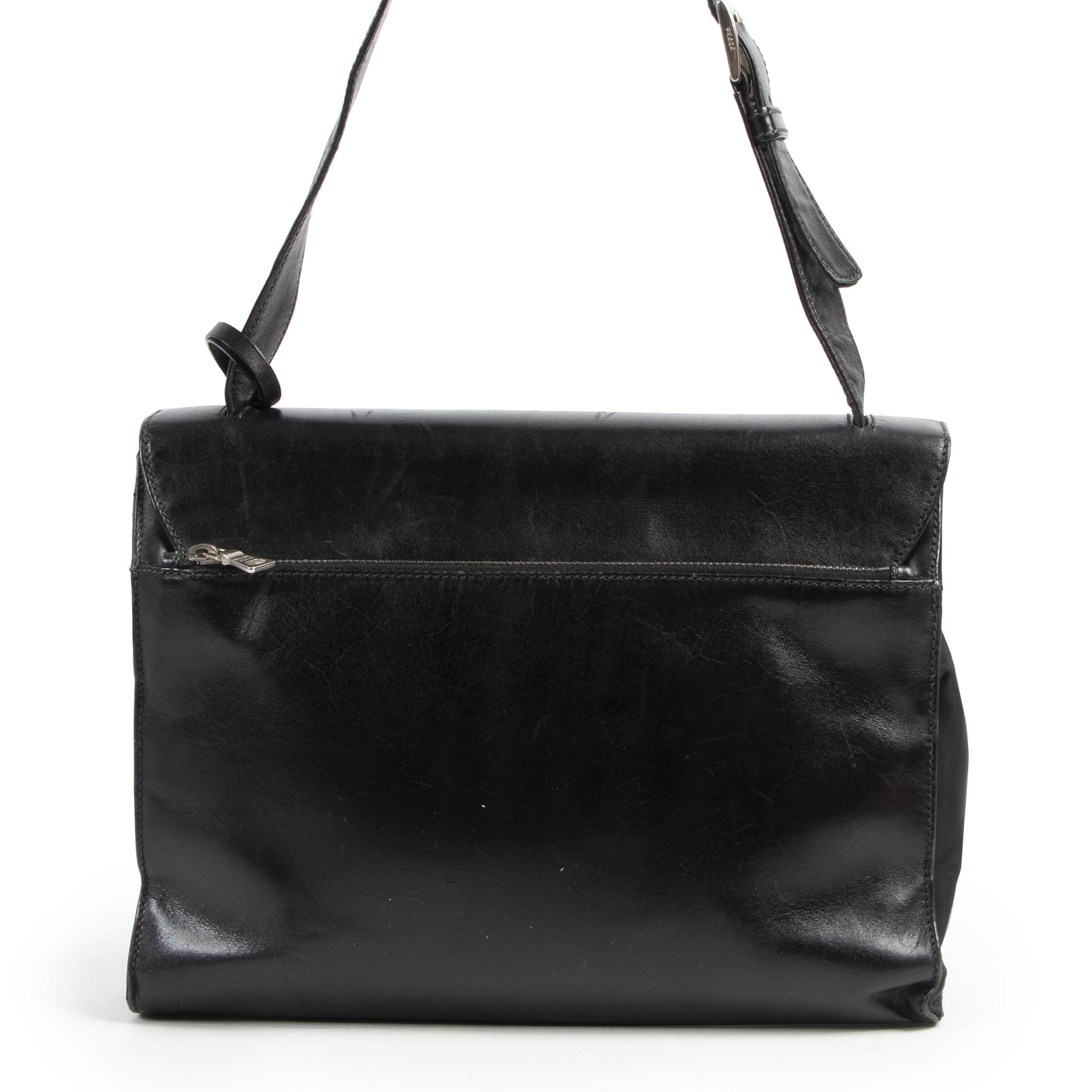 Authentic secondhand Prada Black Leather and Nylon Shoulder Bag designer bags fashion luxury vintage webshop safe secure online shopping