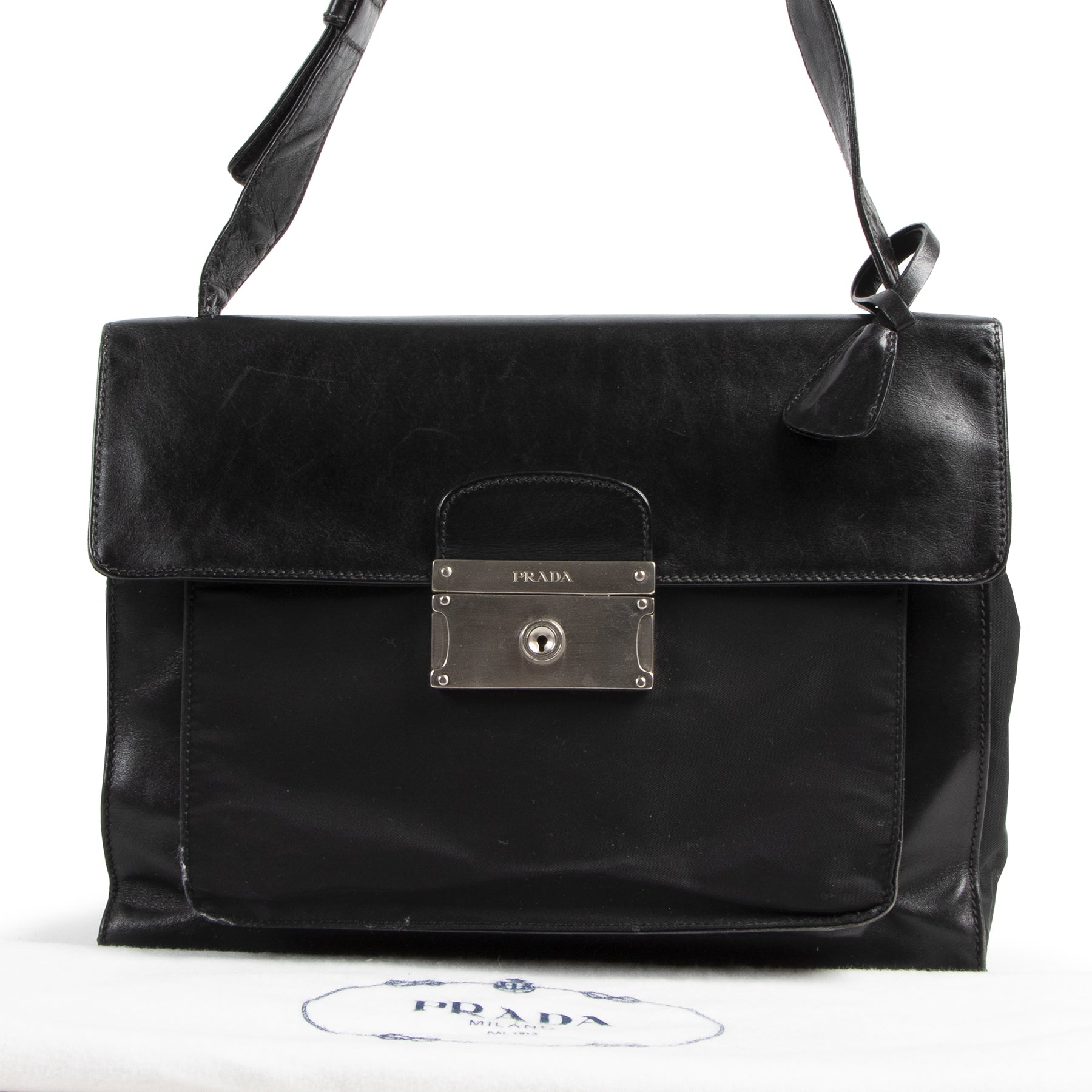 Authentic secondhand Prada Black Leather and Nylon Shoulder Bag designer bags fashion luxury vintage webshop safe secure online shopping