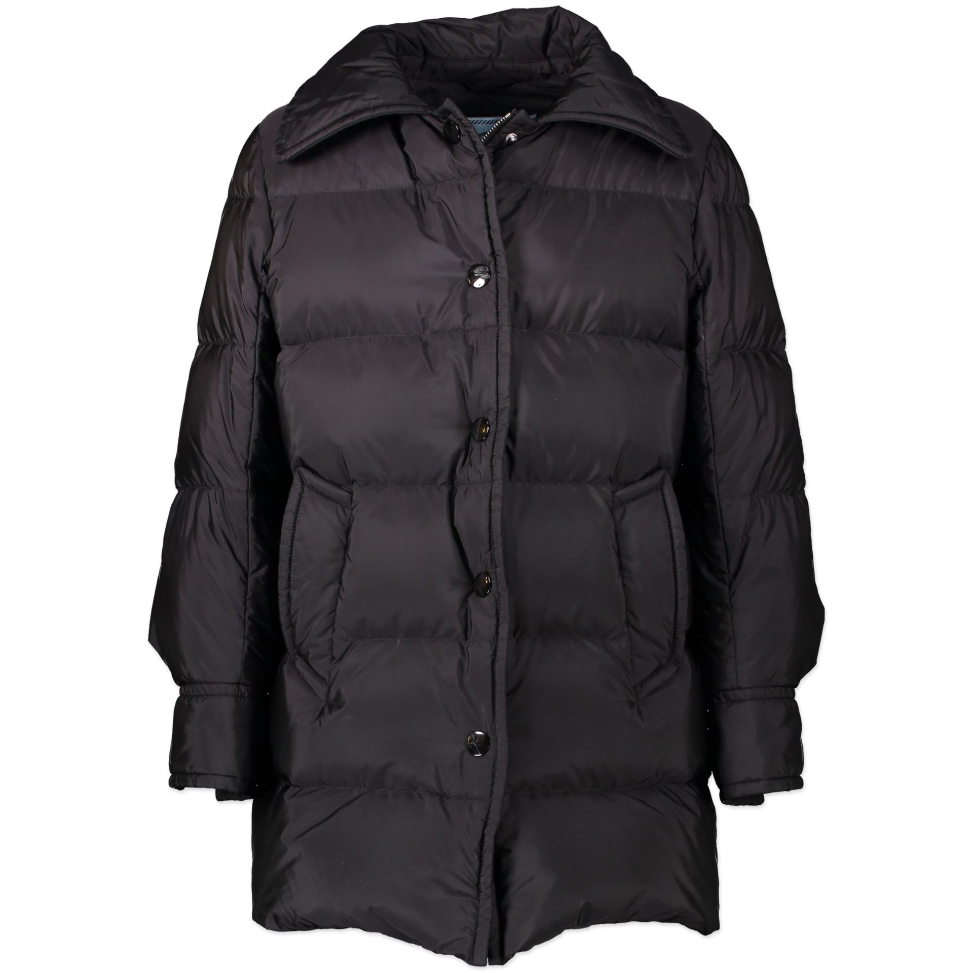 We buy and sell your authentic Prada Black Feather Nylon Puffer Mid Length Jacket - IT 40