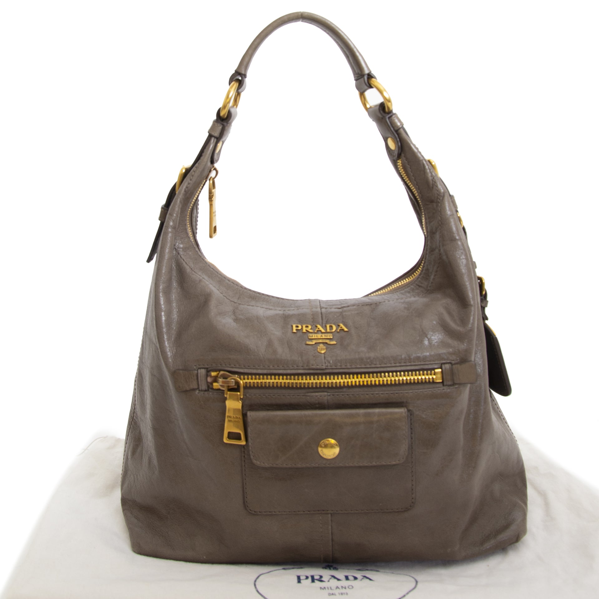 Prada Taupe Shoulder Bag now for sale at labellov vintage fashion webshop belgium