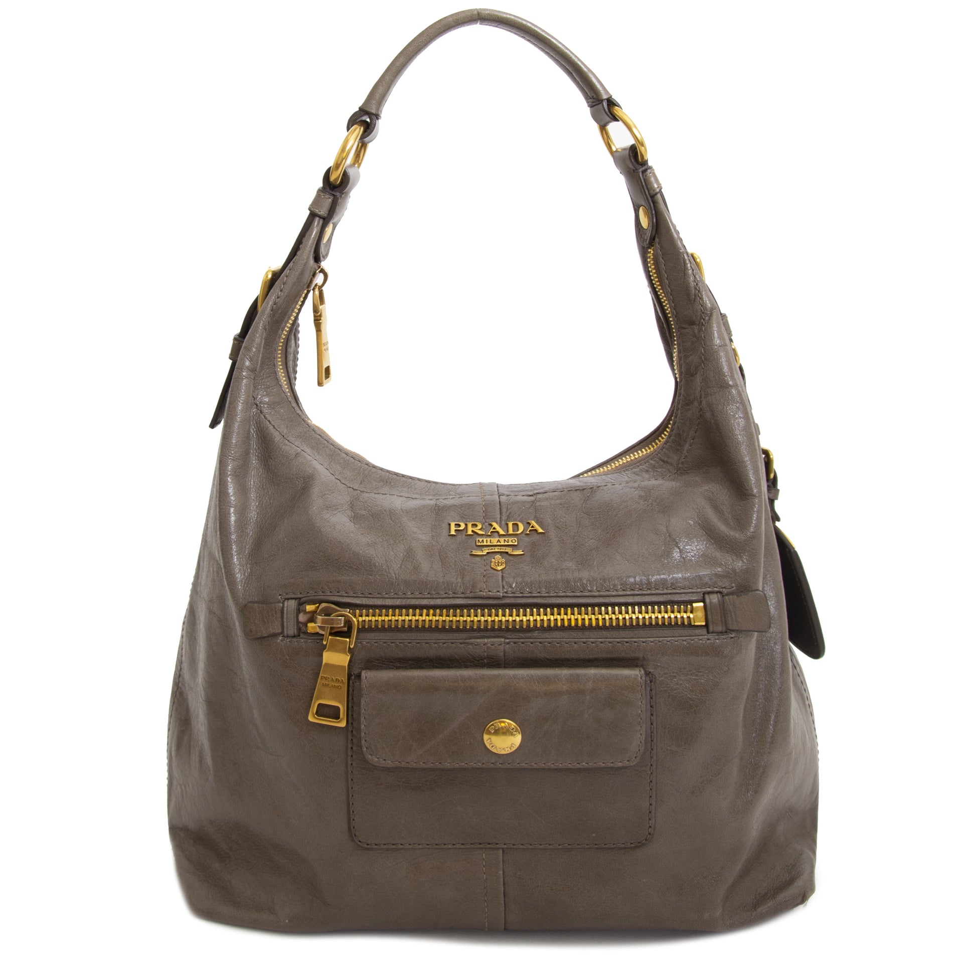 Prada Taupe Shoulder Bag now for sale at labellov vintage fashion webshop belgium