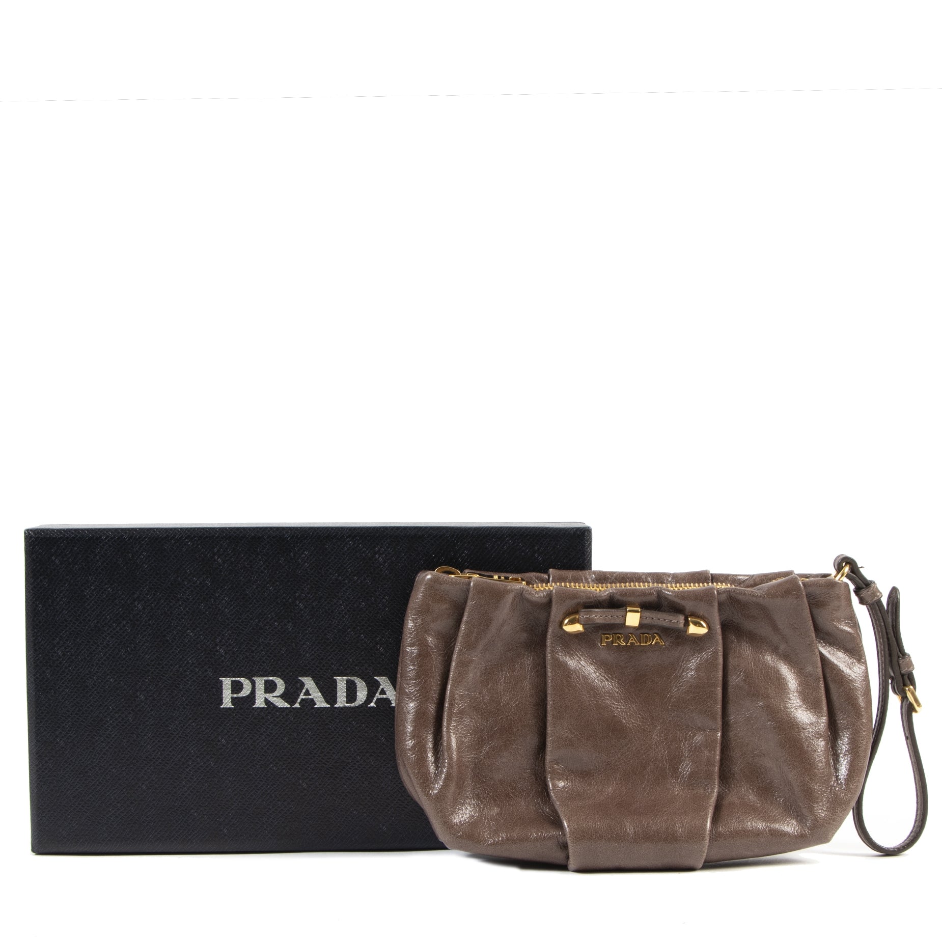 Prada Taupe Brown Patent Clutch Bag for the best price at Labellov