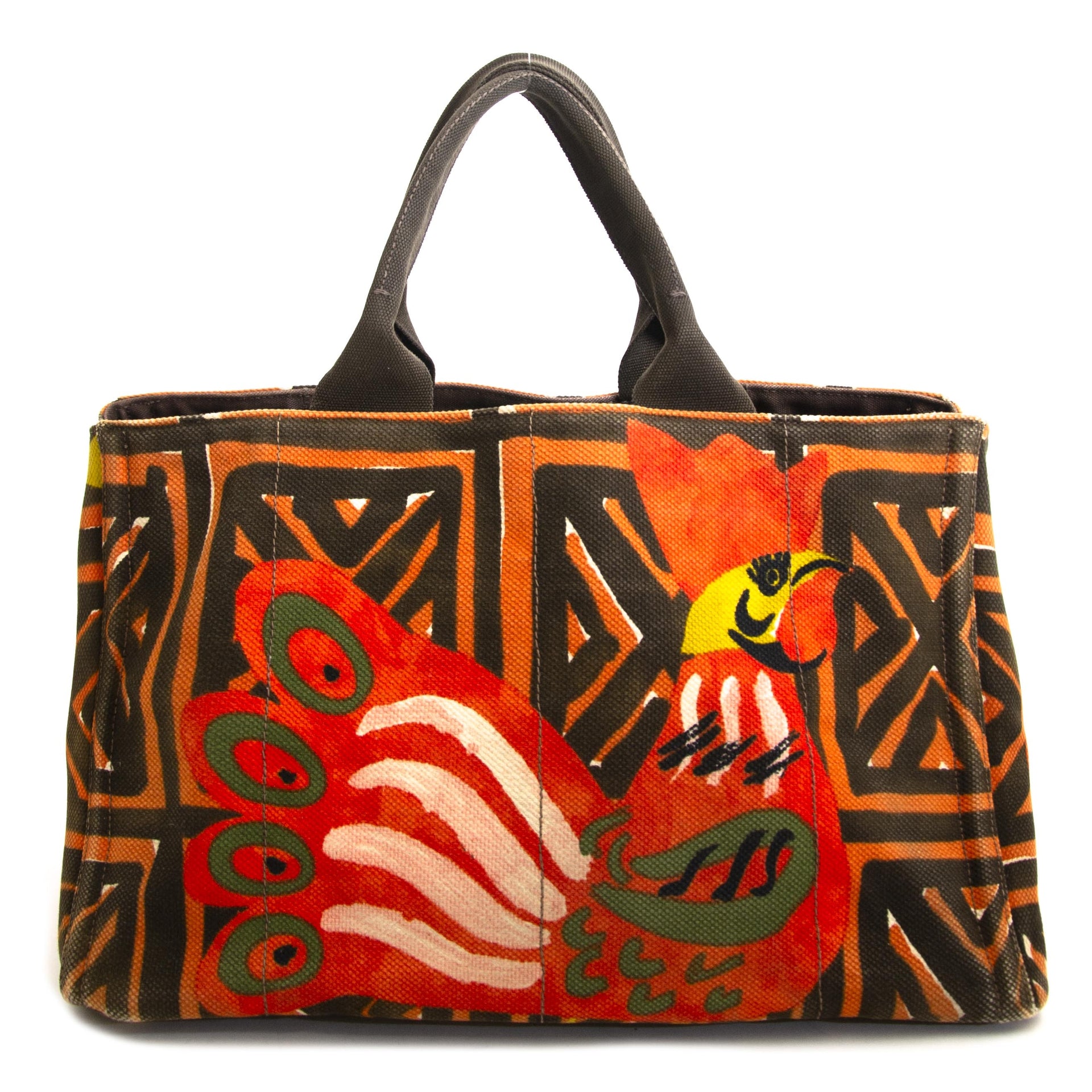 Prada Multicolor Peacock Fabric Tote now for sale at labellov vintage fashion webshop belgium