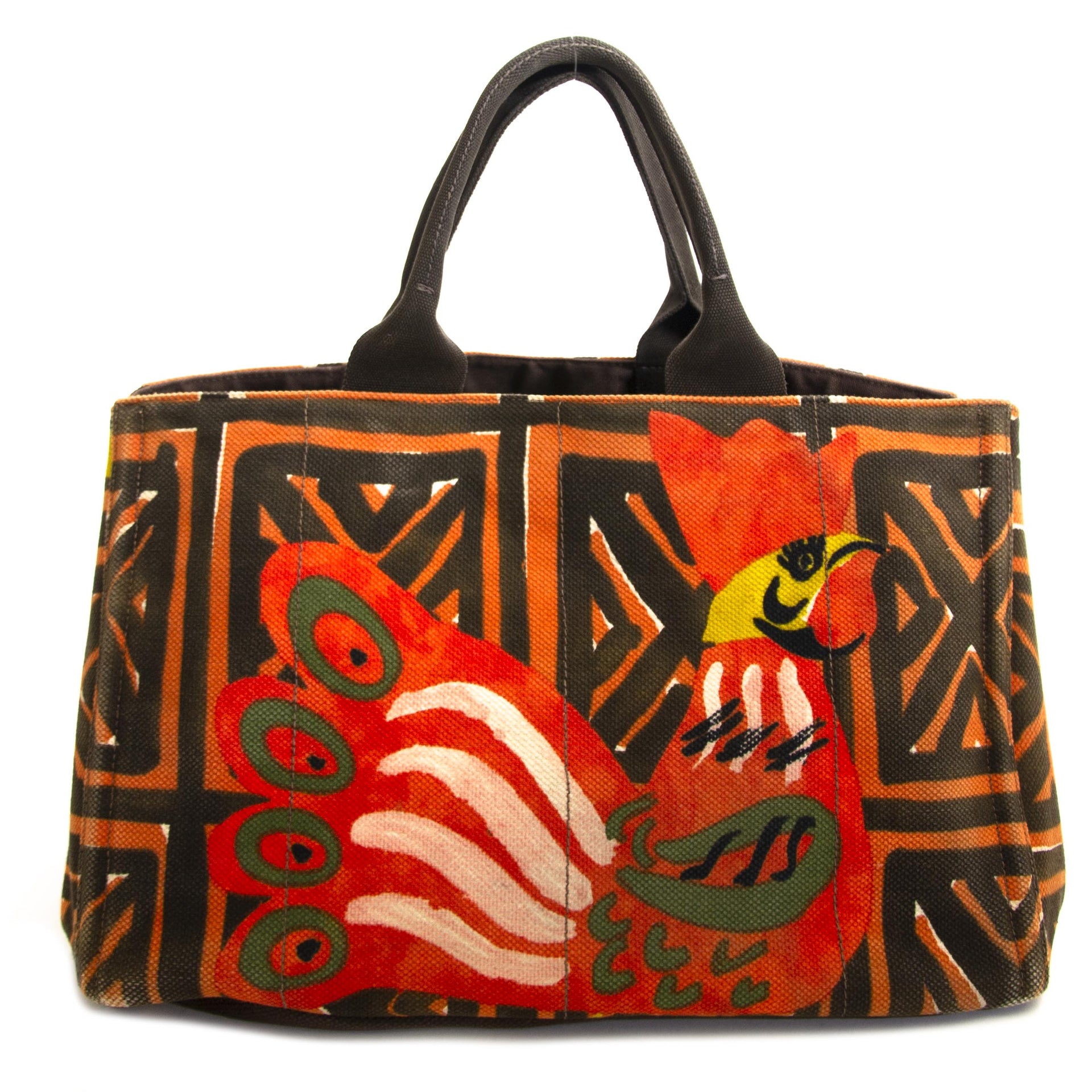 Prada Multicolor Peacock Fabric Tote now for sale at labellov vintage fashion webshop belgium
