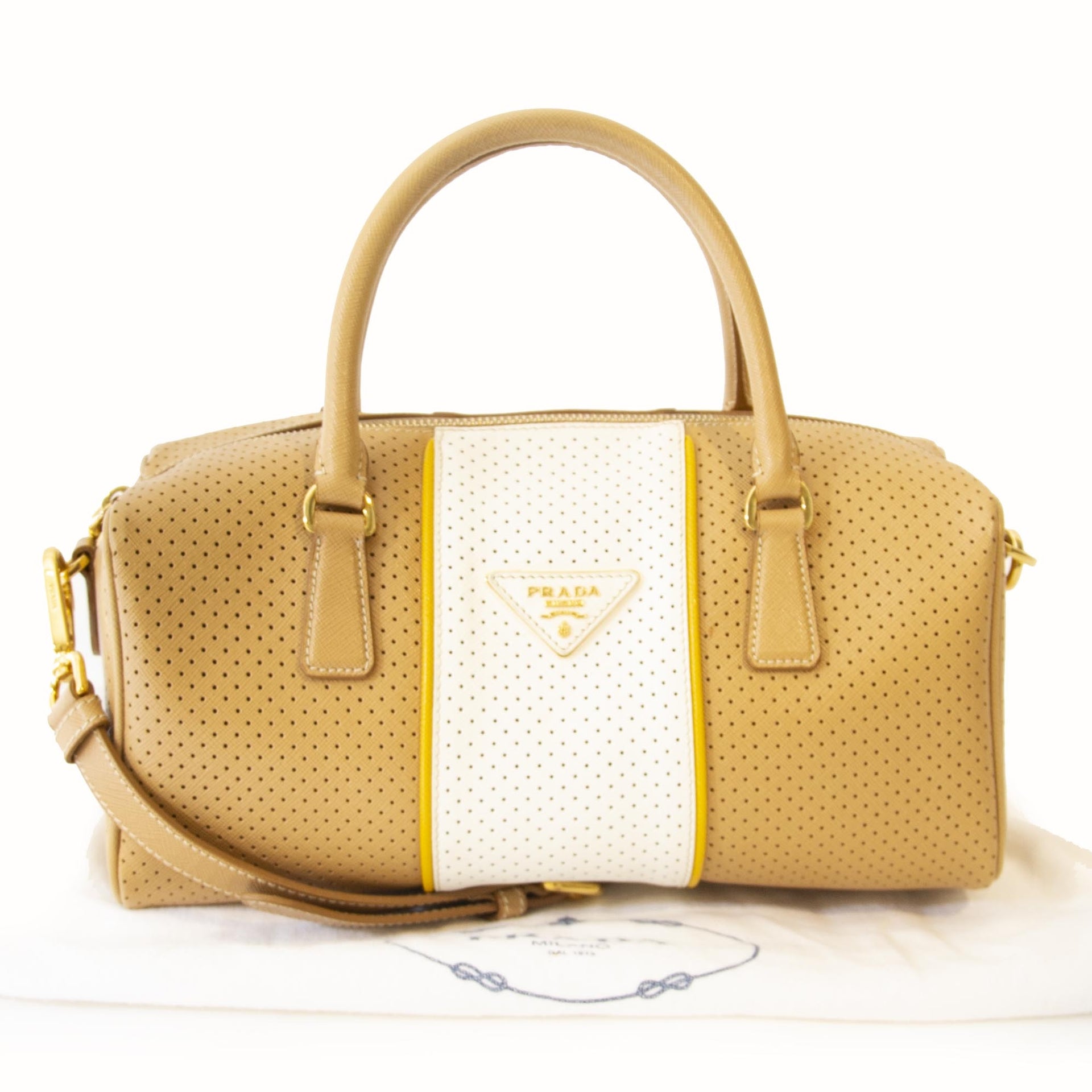 acheter en ligne seconde main Prada Camel Saffiano Fori Boston Bag